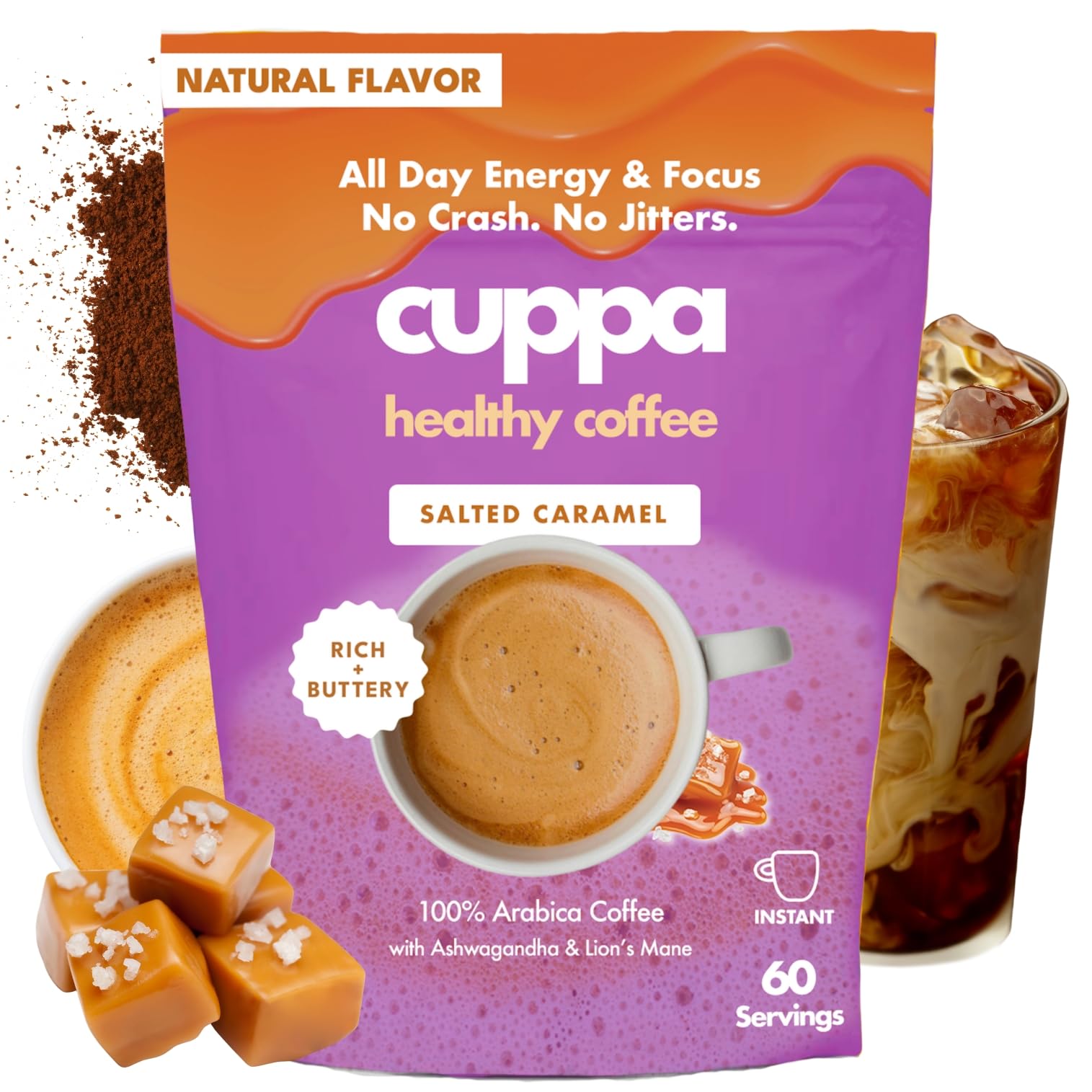 Cuppa Medium Roast Mushroom Coffee with Adaptogens & Superfoods - Lion’s Mane, Ashwagandha & Cordyceps. Adaptogens + MCT to support natural energy, mental focus & gut health (30 Servings)