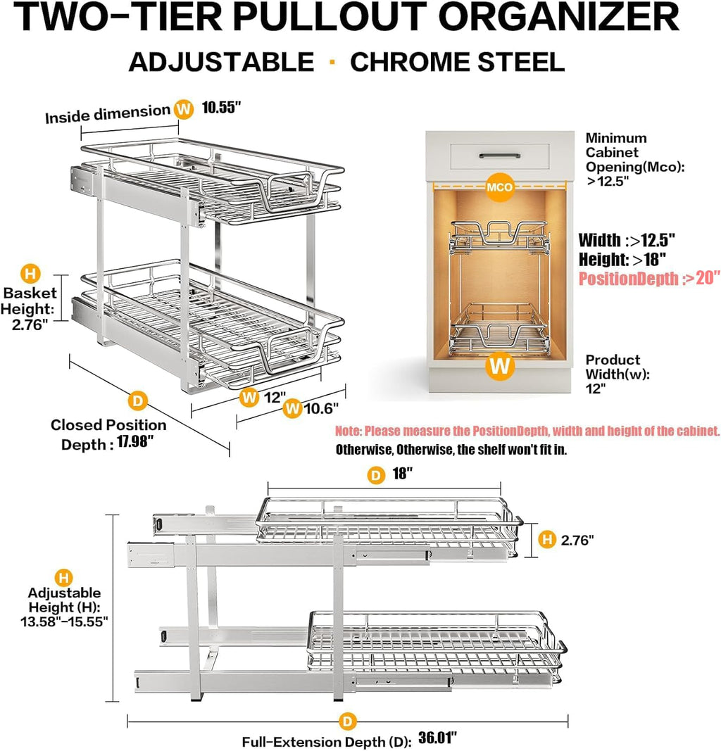 2-Tier Kitchen Cabinet,Pull Out Cabinet Organizer,Shelf and Drawer Organizer Slide Out Pantry Storaqe Basket in Multiple Sizes (12" W x21 D)