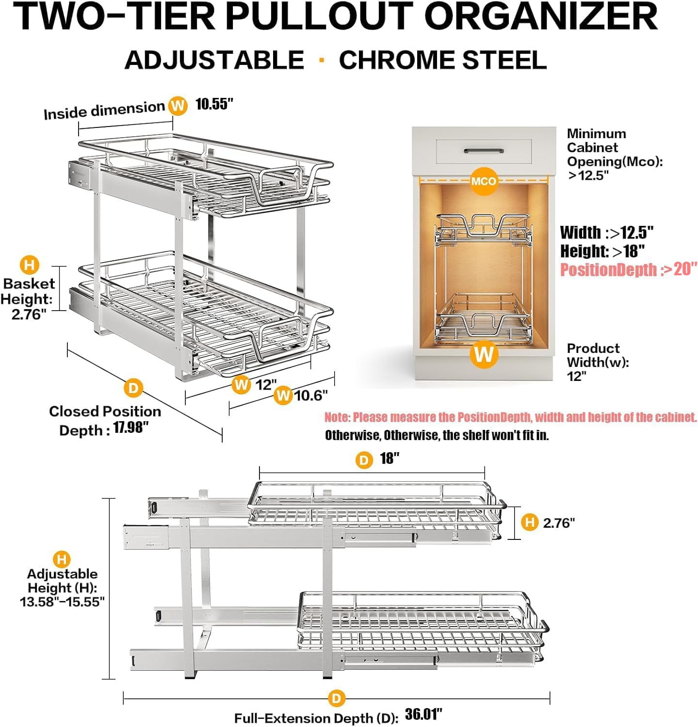 2-Tier Kitchen Cabinet,Pull Out Cabinet Organizer,Shelf and Drawer Organizer Slide Out Pantry Storaqe Basket in Multiple Sizes (12" W x21 D)