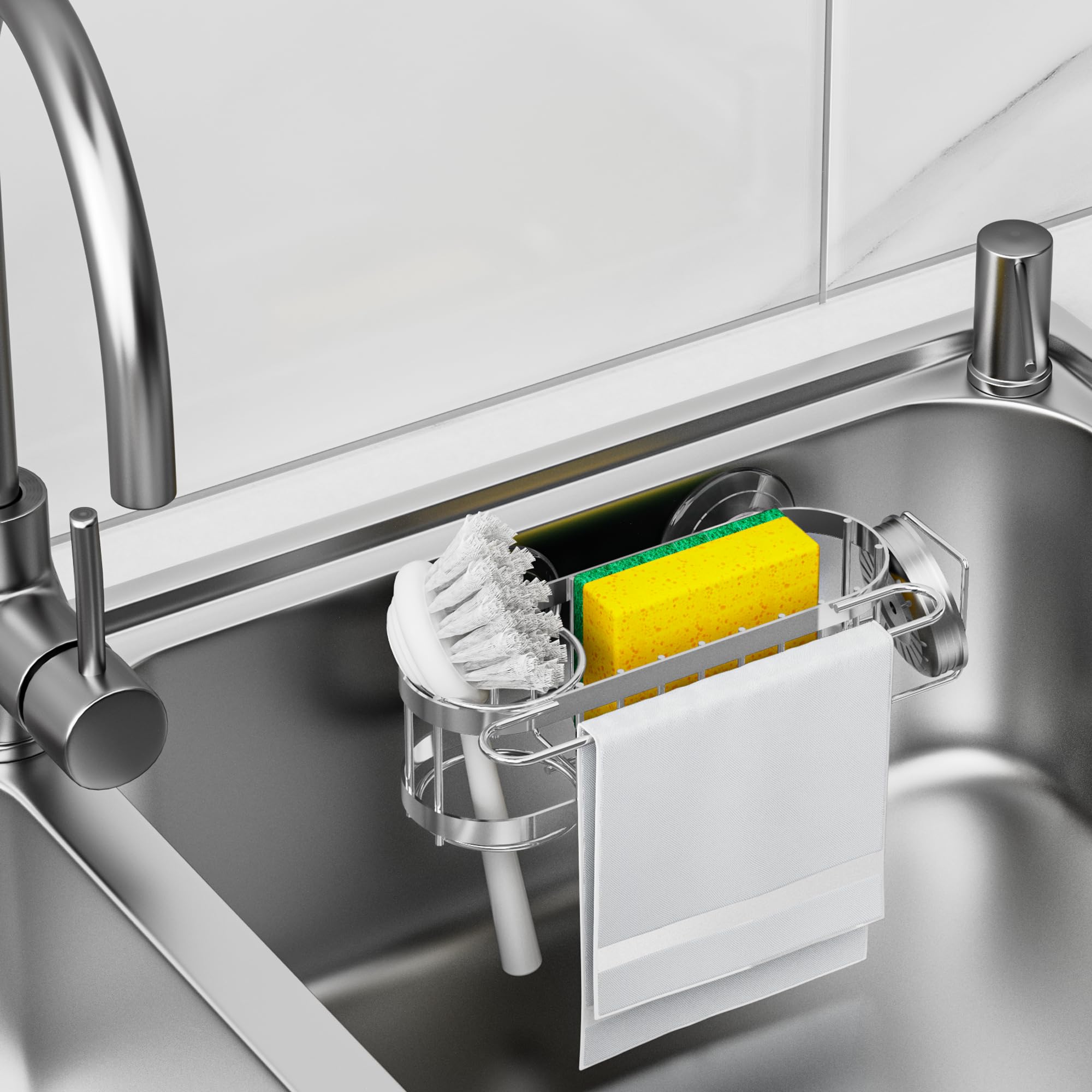 Cisily Organizador de Fregadero de Cocina con Soporte para Esponja en el Fregadero, Organizador de Fregadero de Cocina de Acero Inoxidable, Soporte para Cepillo, Percha para Paños de Platos, Soporte