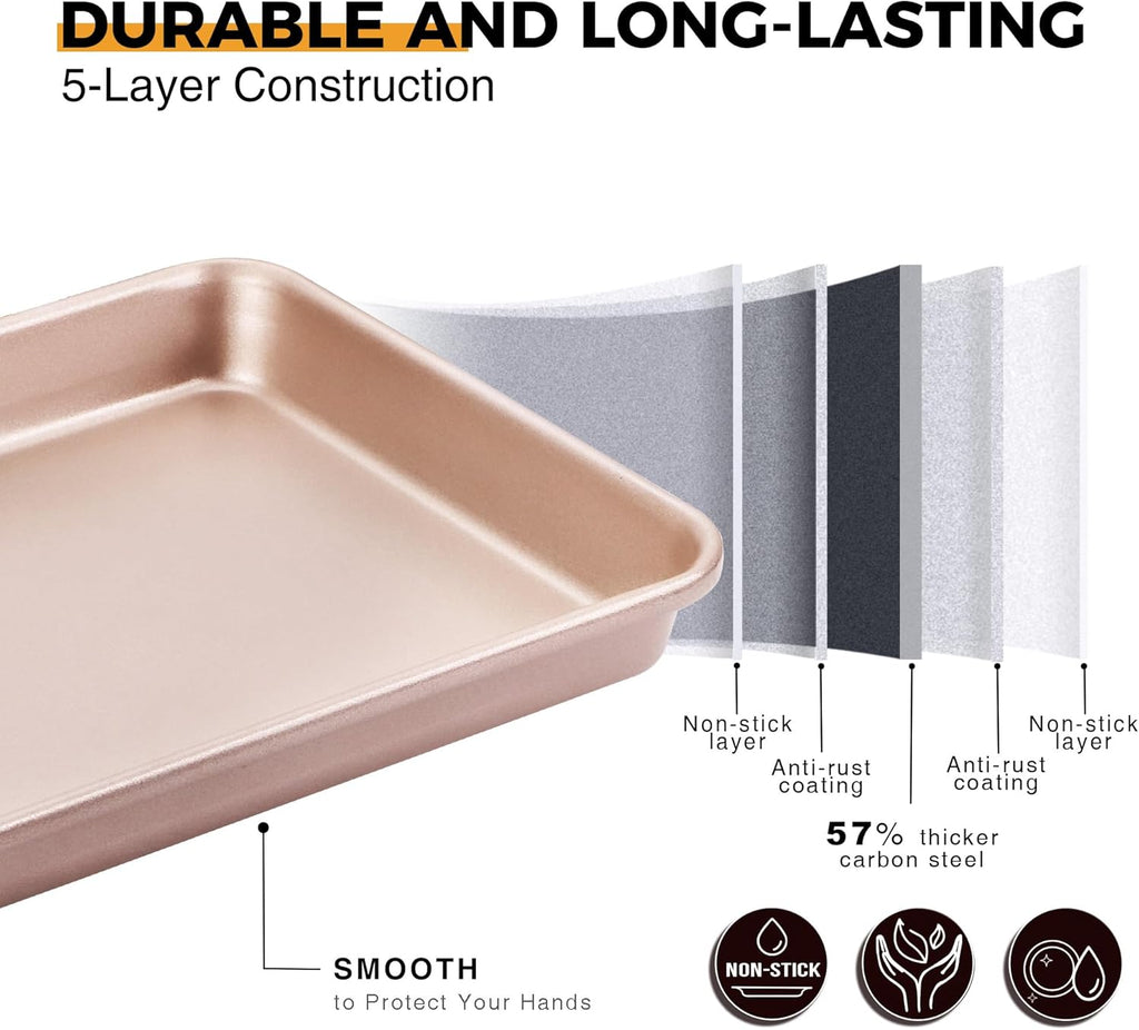HONGBAKE 2 Pack 9.7"X7.6" Small Cookie Sheet, 57% Thicker Nonstick 1/8 Toaster Oven Pans, Heavy Duty Cookie Sheet Pan Set, Baking Sheet, Rose Gold