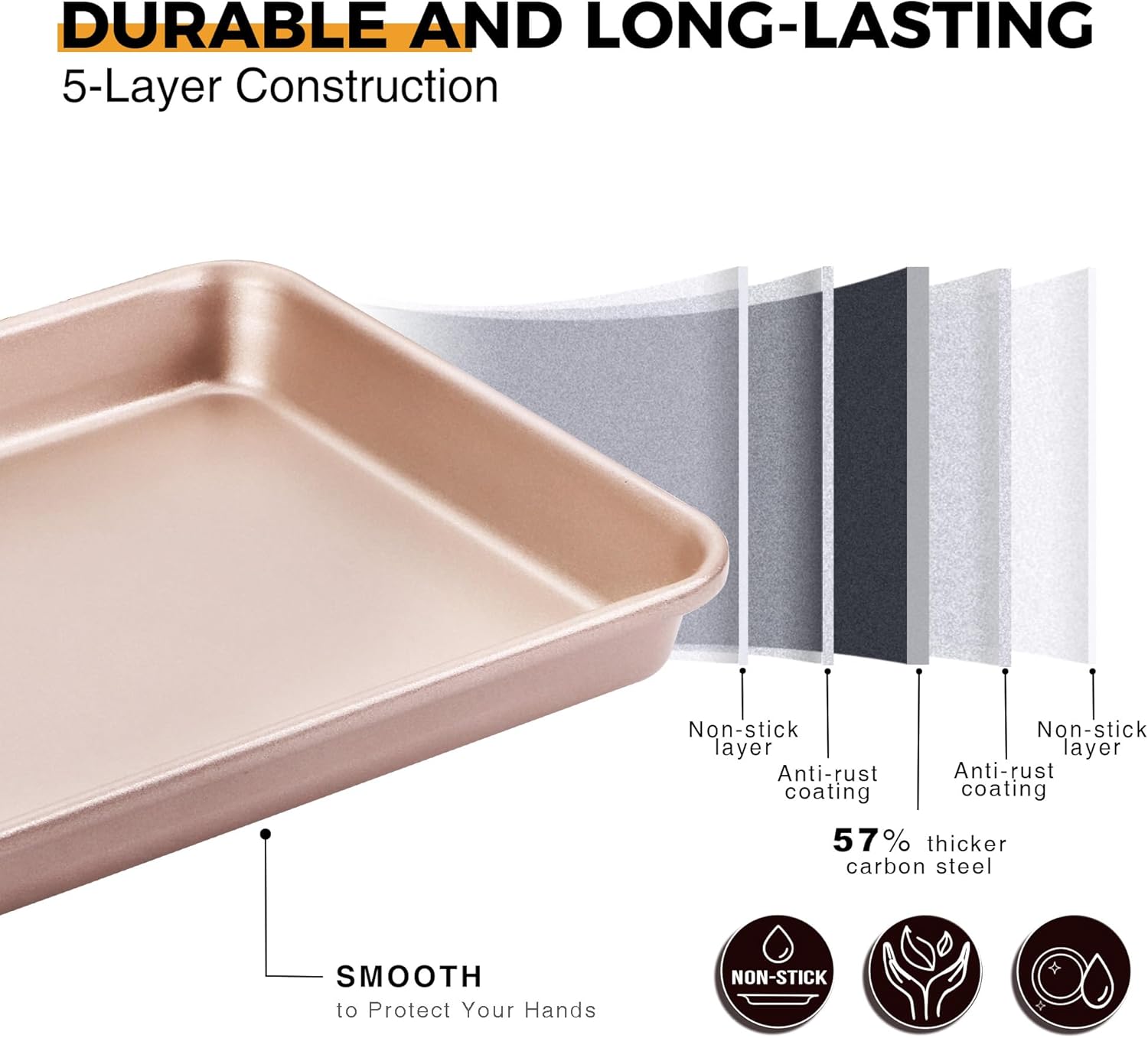 HONGBAKE 2 Pack 9.7"X7.6" Small Cookie Sheet, 57% Thicker Nonstick 1/8 Toaster Oven Pans, Heavy Duty Cookie Sheet Pan Set, Baking Sheet, Rose Gold