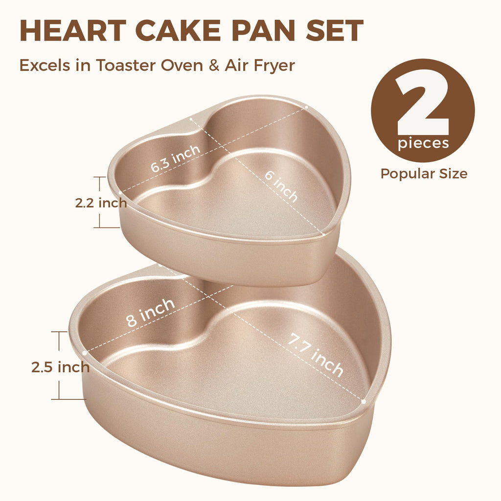 HONGBAKE Heart Shaped Cake Pan, Nonstick 8 & 6 inch Cheesecake Pans Set, Heart Shape Layer Cake Mold, Baking Tin for Valentine's Day, Weddings, 2 Pieces, Heavy Duty, Grey