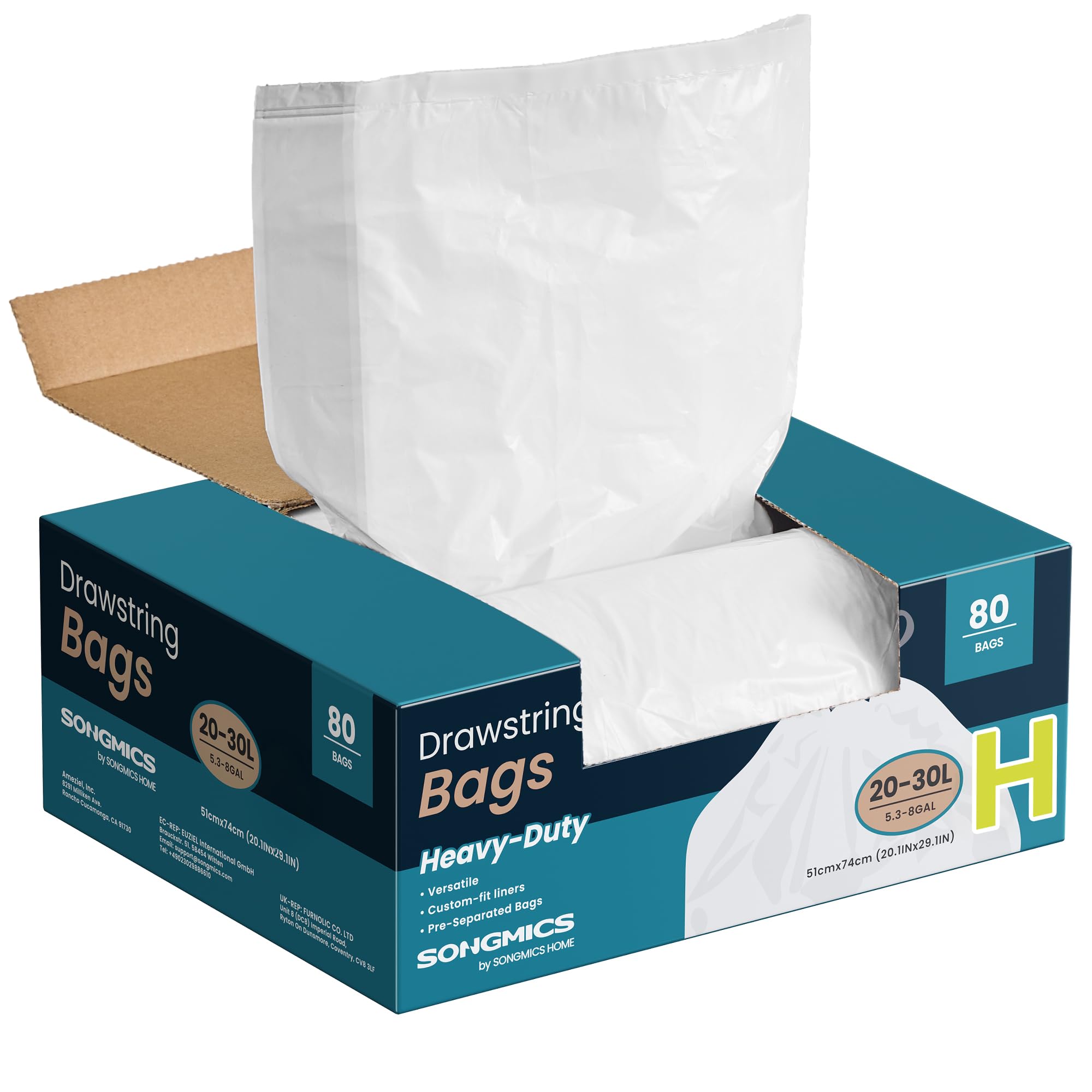 SONGMICS Trash Bags for 8-Gallon (30 L) Trash Cans, Drawstring Kitchen Garbage Bags, Pre-Separated, Liner Code 30A, 2 Rolls, 90 Count, White UKRB30A02