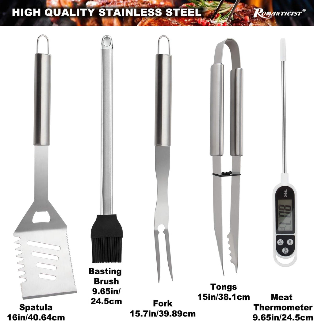 ROMANTICIST 23pcs Must-Have BBQ Grill Accessories Set with Thermometer in Case - Stainless Steel Barbecue Tool Set with 2 Grill Mats for Backyard Outdoor Camping - Father's Day Best Barbecue Gift