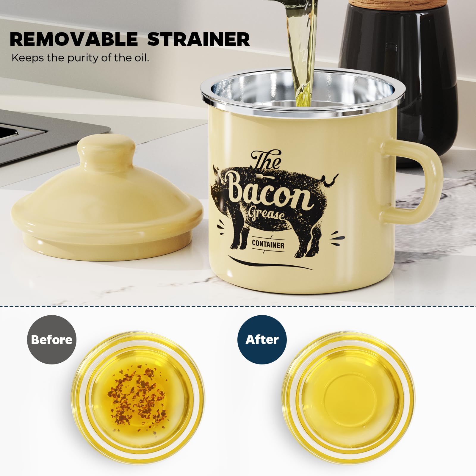 PGYARD Mini Bacon Grease Container With Strainer - 15OZ Enamel Grease Saver, Farmhouse Bacon Grease Keeper For Kitchen Fat Storage, Dishwasher Safe-Red
