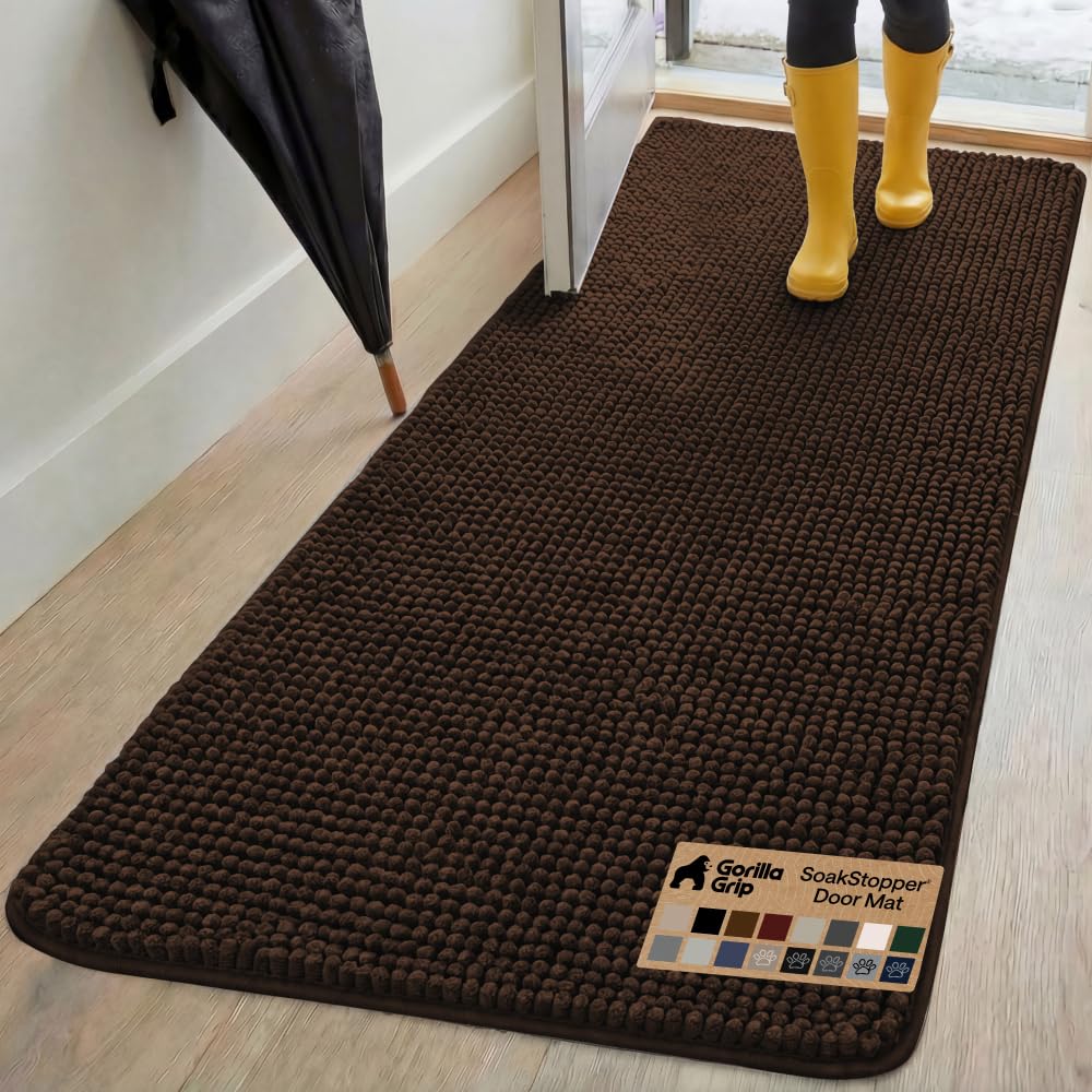 GORILLA GRIP SoakSTOPPER Dog Door Mat, Machine Washable Rug Absorbent Doormat Captures Moisture Mud Dirt, Quick Dry Soft Chenille Entryway Rugs Indoor Entrance Mats for Dog Paws, 24x17 Grey