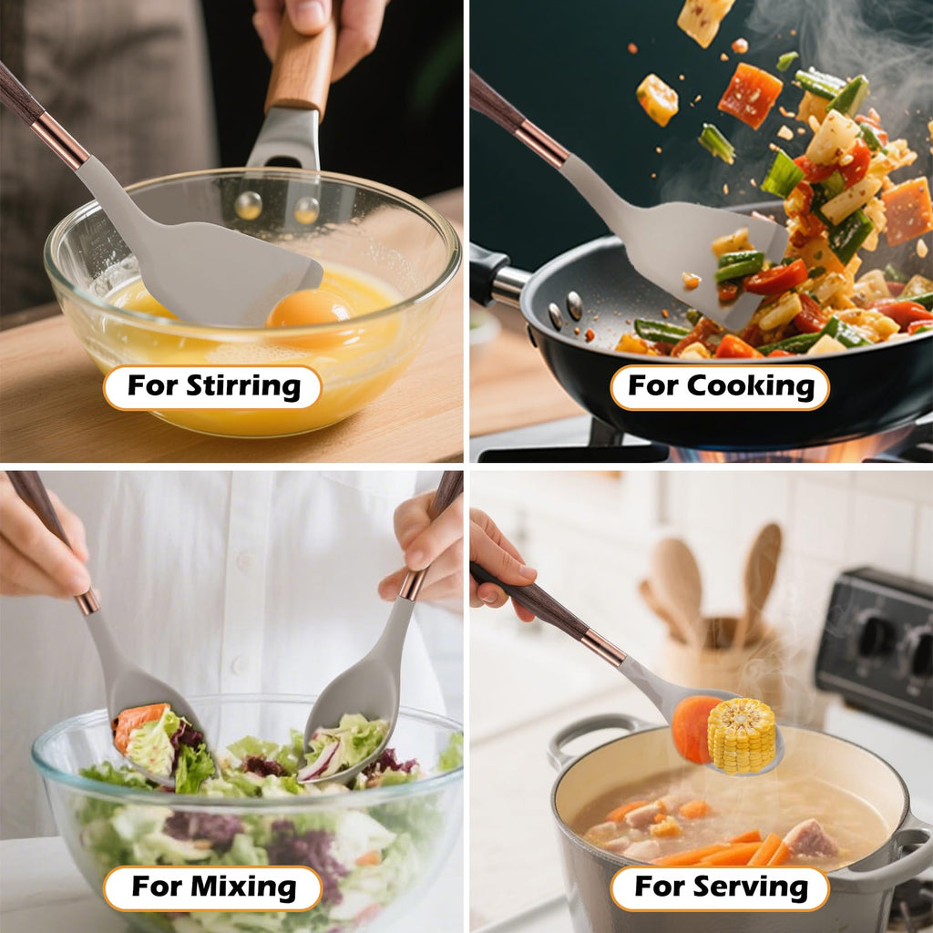 MANJIA Silicone Slotted and Solid Cooking Spoons Set, 2 Piece, Khaki