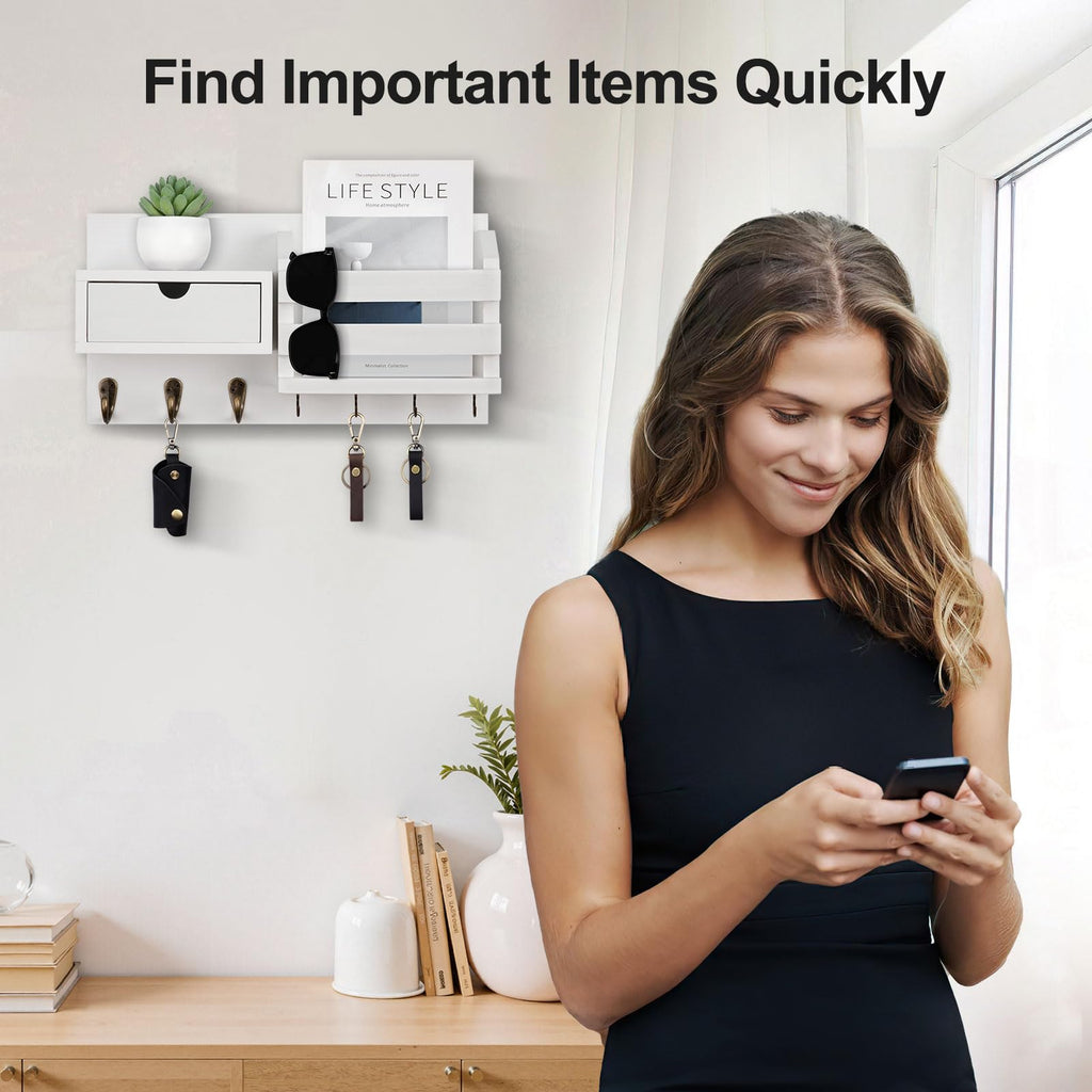 Wall Mount Key Holder with Mail Organizer, 100% Paulownia Wood, 7 Metal Hooks, Storage Drawer, Entryway Home Decor (Brown)