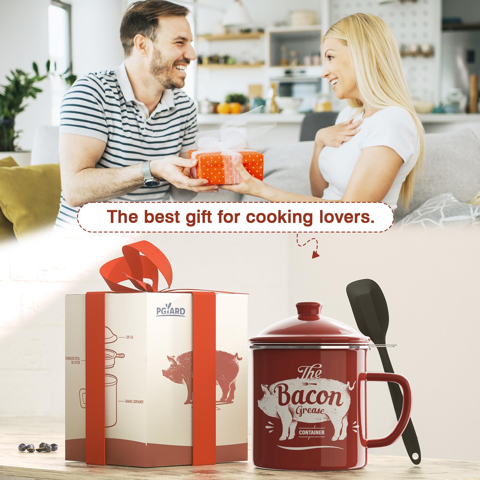 PGYARD Mini Bacon Grease Container With Strainer - 15OZ Enamel Grease Saver, Farmhouse Bacon Grease Keeper For Kitchen Fat Storage, Dishwasher Safe-Red