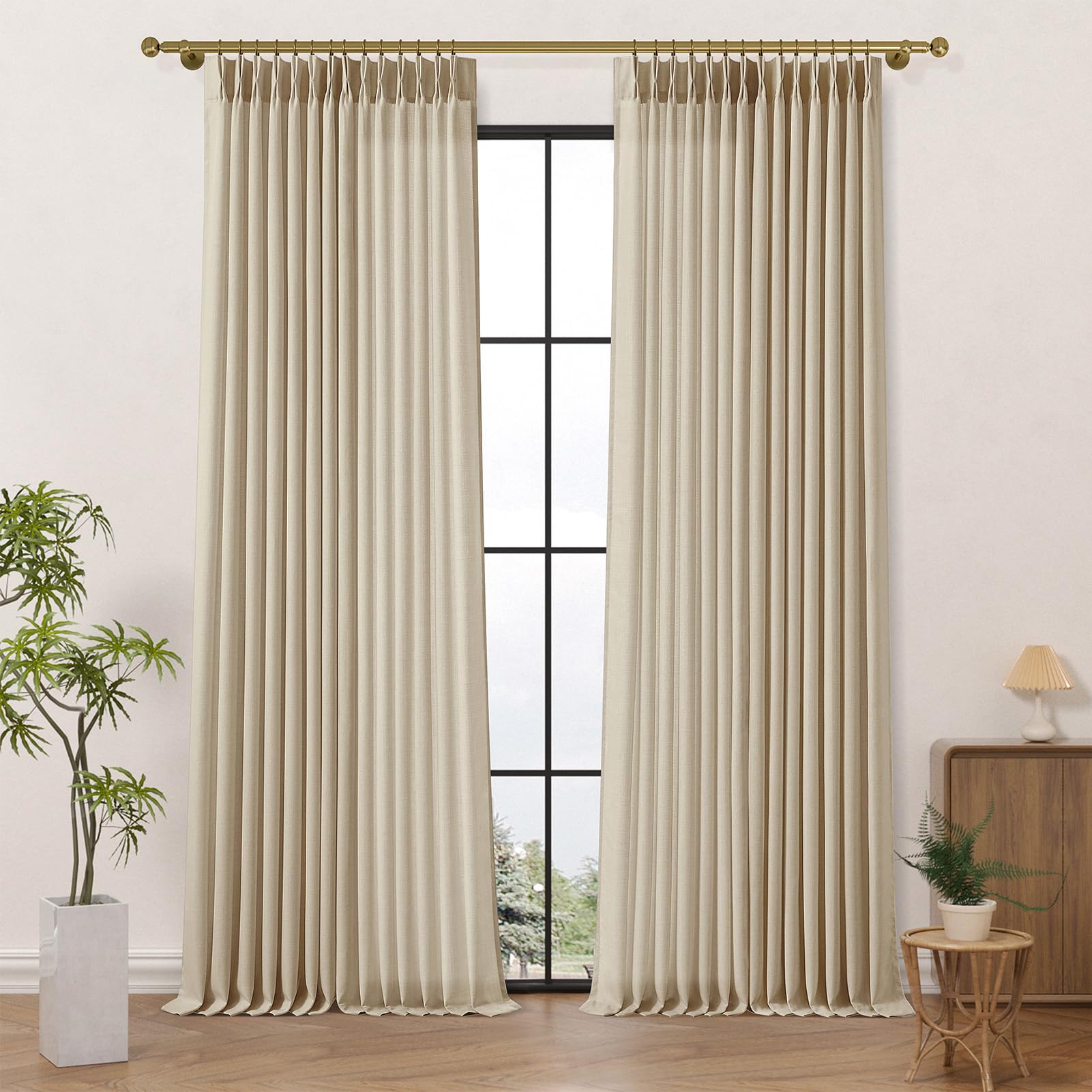 Pinch Pleated Linen Curtains 96 Inches Extra Long Olive Green Drapes, Thick Linen Light Filtering Memory Trained Pleat Curtain for Living Room and Bedroom Privacy 2 Panels Texture with Back Tab