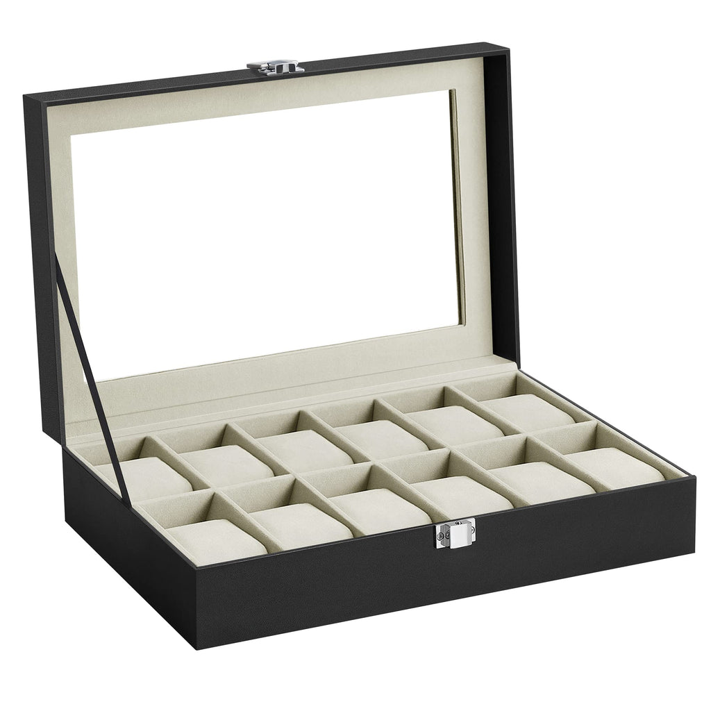 SONGMICS Watch Box, 12-Slot Watch Case Organizer with Large Glass Lid, Removable Pillows, Gift for Loved Ones, Black Synthetic Leather, Gray Lining UJWB12BK