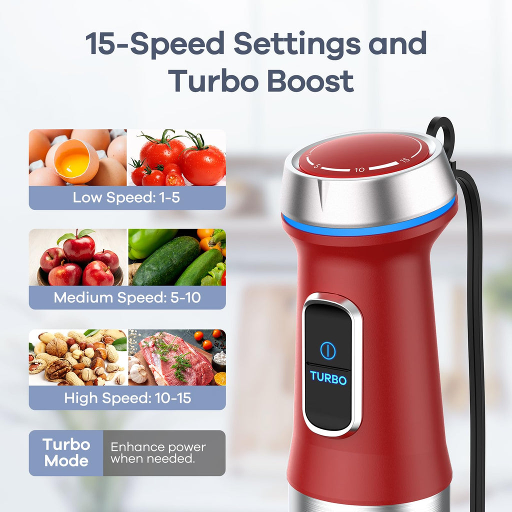 Ganiza Immersion Blender Handheld, 6 in 1 Hand Blender Stainless Steel Blade, 15 Speed Stick Blenders Electric, 800ml Mixing Beaker, 600ml Chopper, Whisk, Frother, Potato Masher