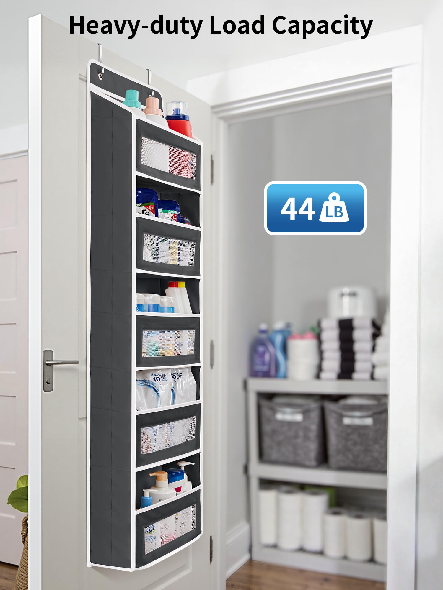 JARLINK Over The Door Organizer Storage, 5 Shelf Hanging Door Organizer with 5 Large Capacity Pockets, Anti Tilt 44 lb Load Behind Door Storage for Bedroom, Bathroom, Pantry, Nursery, (Grey)