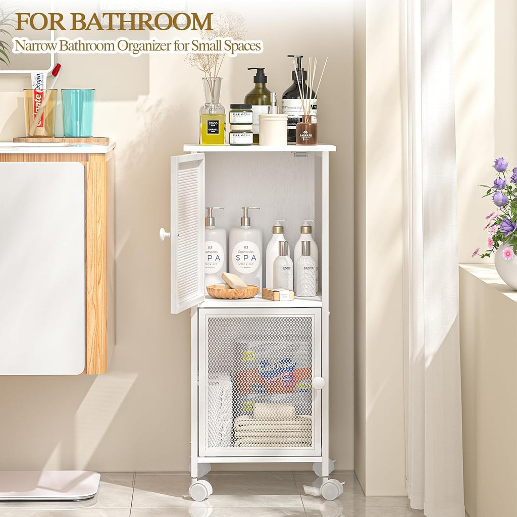 Small Bathroom Storage Cabinet with Movable Wheels, Wooden Bathroom Standing Shelf with 2 Metal Doors, Slim Bathroom Storage Cart for Small Spaces, Laundry, Kitchen, Narrow stand Storage Unit, White