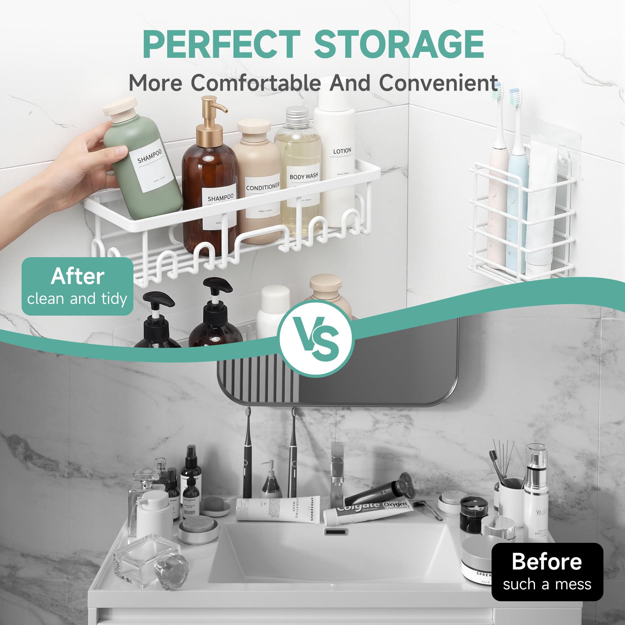 Veken Shower Caddy 6-Pack, Advanced Rustproof Design, No Drilling Adhesive Shelves, Rack with Soap Holder, Large Capacity Bathroom Organizers and Storage, Wall-Mounted Kitchen & Home Decor