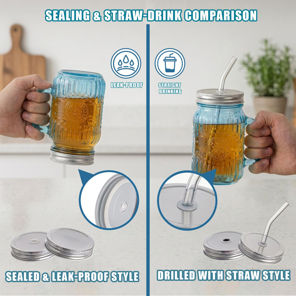 DaYammi Mason Jars with Lids and Straws, 6 Pack 16 Oz Glass Cups for Cold Beverages, Juice, Smoothies, Iced Coffee, Cocktails Leak-Proof Drinking Glasses with Sealed & Straw Lids, Colorful