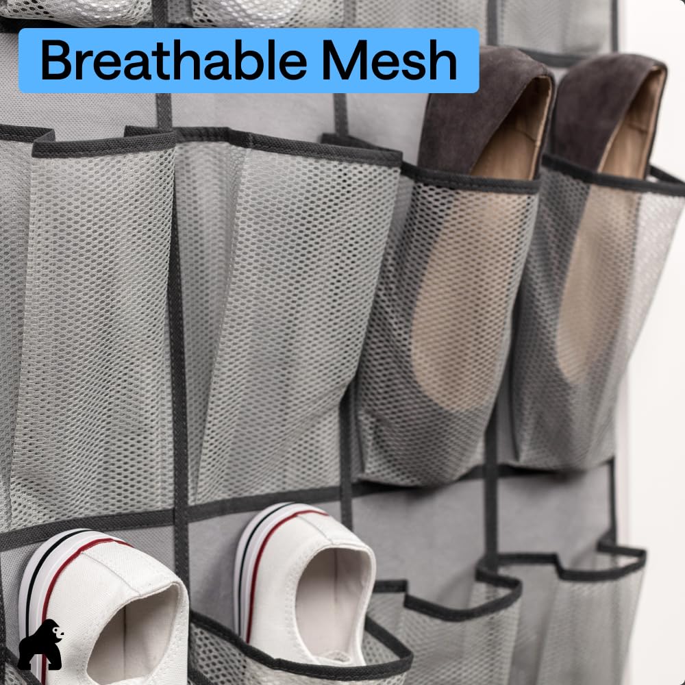 GORILLA GRIP Over the Door Shoe Organizer, 24 Large Breathable Mesh Pockets, Space Saving Hanging Storage Holder, Closet Rack Hanger Holds Up to 40 lbs, Hangs on Closets for Shoes, Accessories, Black