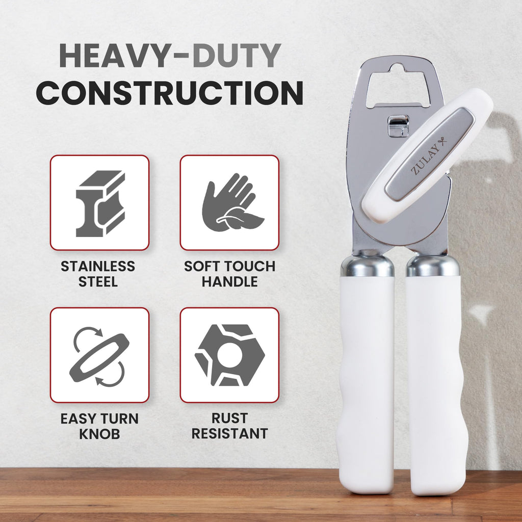 Zulay Kitchen COMFY™ Can Opener Manual with Bottle Opener - Rust Proof Stainless Steel Manual Can Opener With Turn Knob & Comfy Soft Grip Handles - Black
