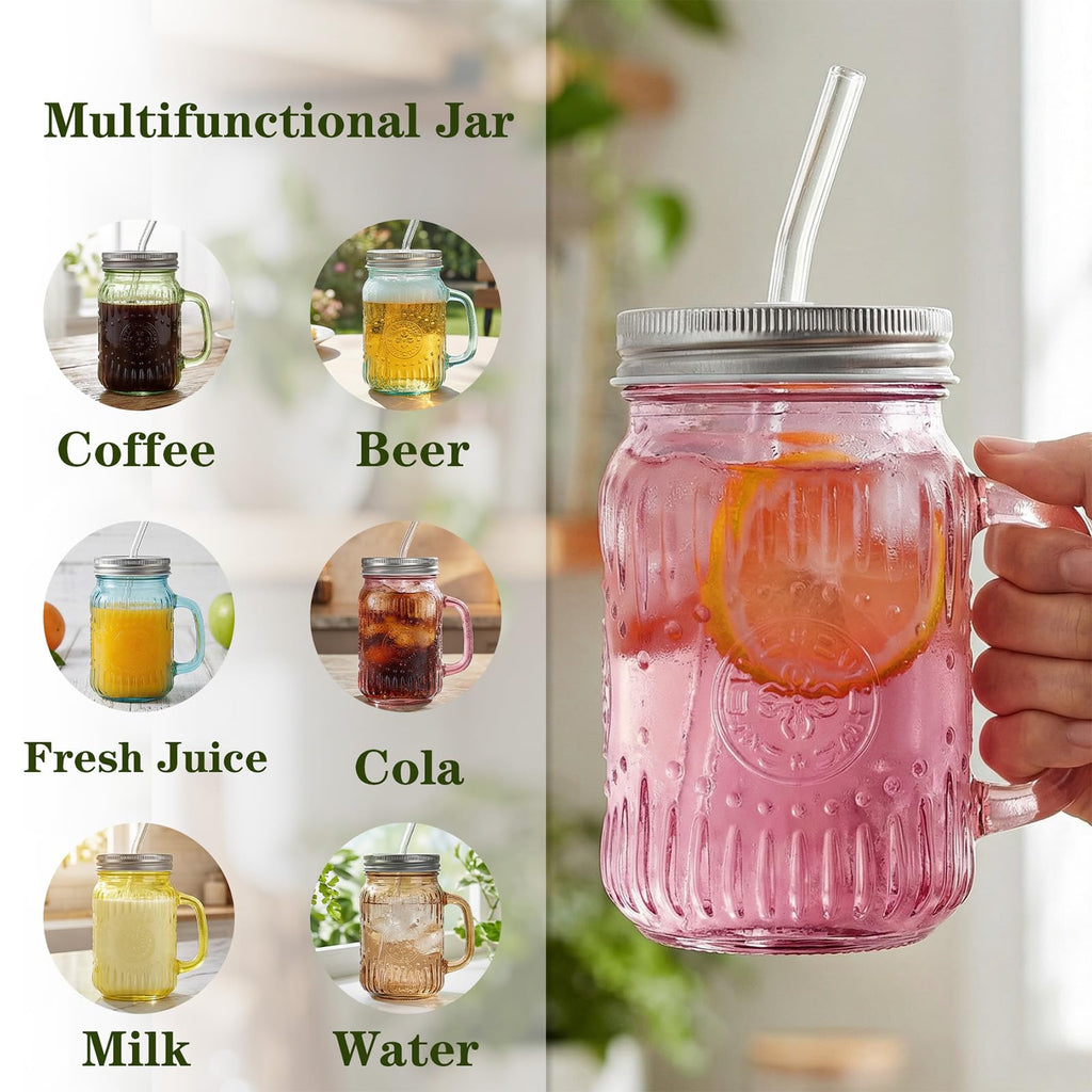 DaYammi Mason Jars with Lids and Straws, 6 Pack 16 Oz Glass Cups for Cold Beverages, Juice, Smoothies, Iced Coffee, Cocktails Leak-Proof Drinking Glasses with Sealed & Straw Lids, Colorful