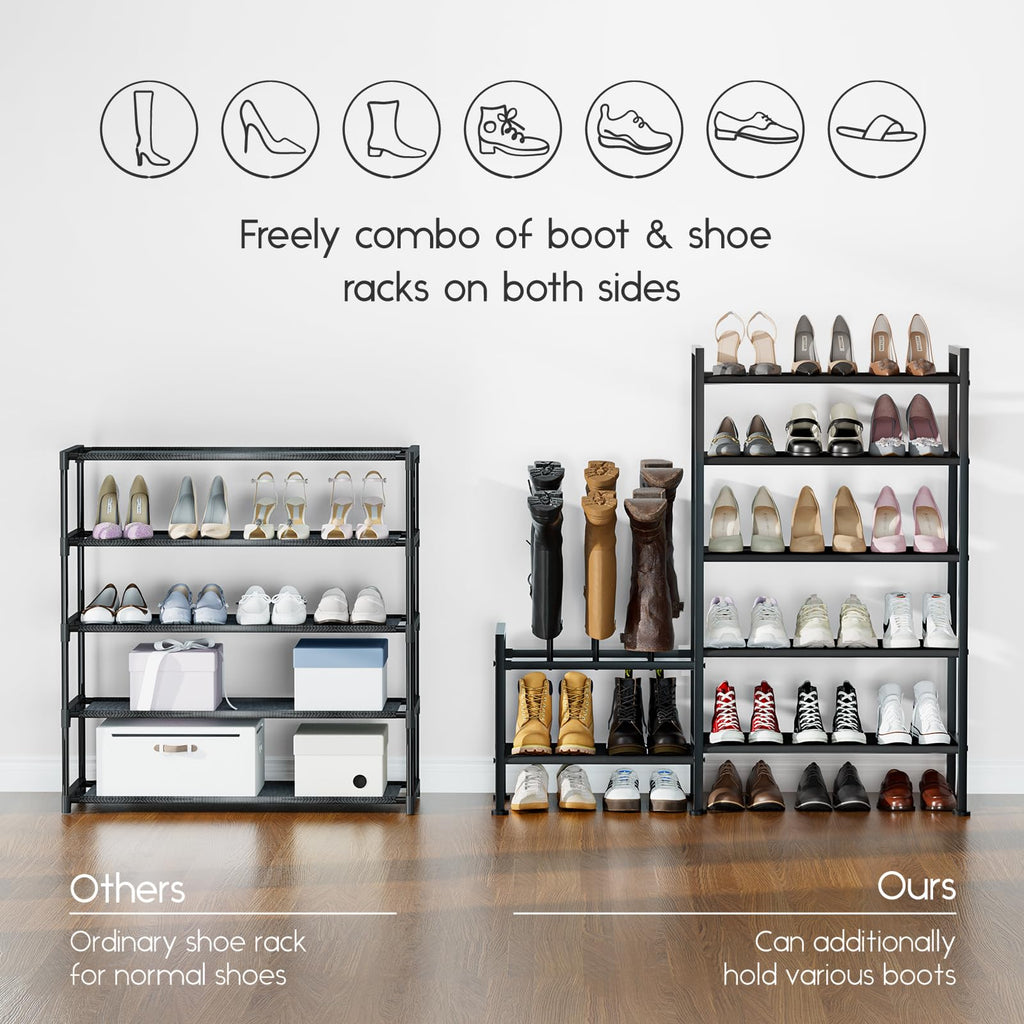 Homsorout Shoe Rack Organizer and Storage - 5 Tier Metal+Non-Woven Fabric Shoe Rack with Boot Storage & Side Any Combination - Space Saving Shoe Shelf for Entryway, Bedroom, Garage, Small Spaces
