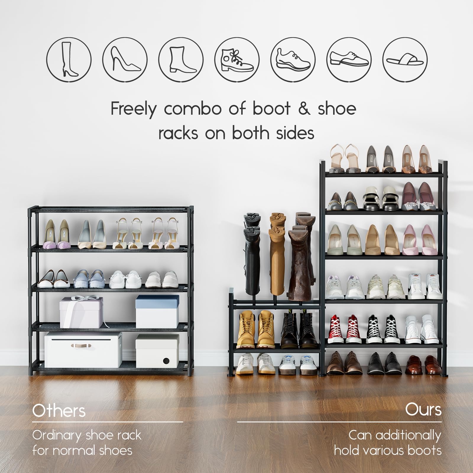 Homsorout Shoe Rack Organizer and Storage - 5 Tier Metal+Non-Woven Fabric Shoe Rack with Boot Storage & Side Any Combination - Space Saving Shoe Shelf for Entryway, Bedroom, Garage, Small Spaces