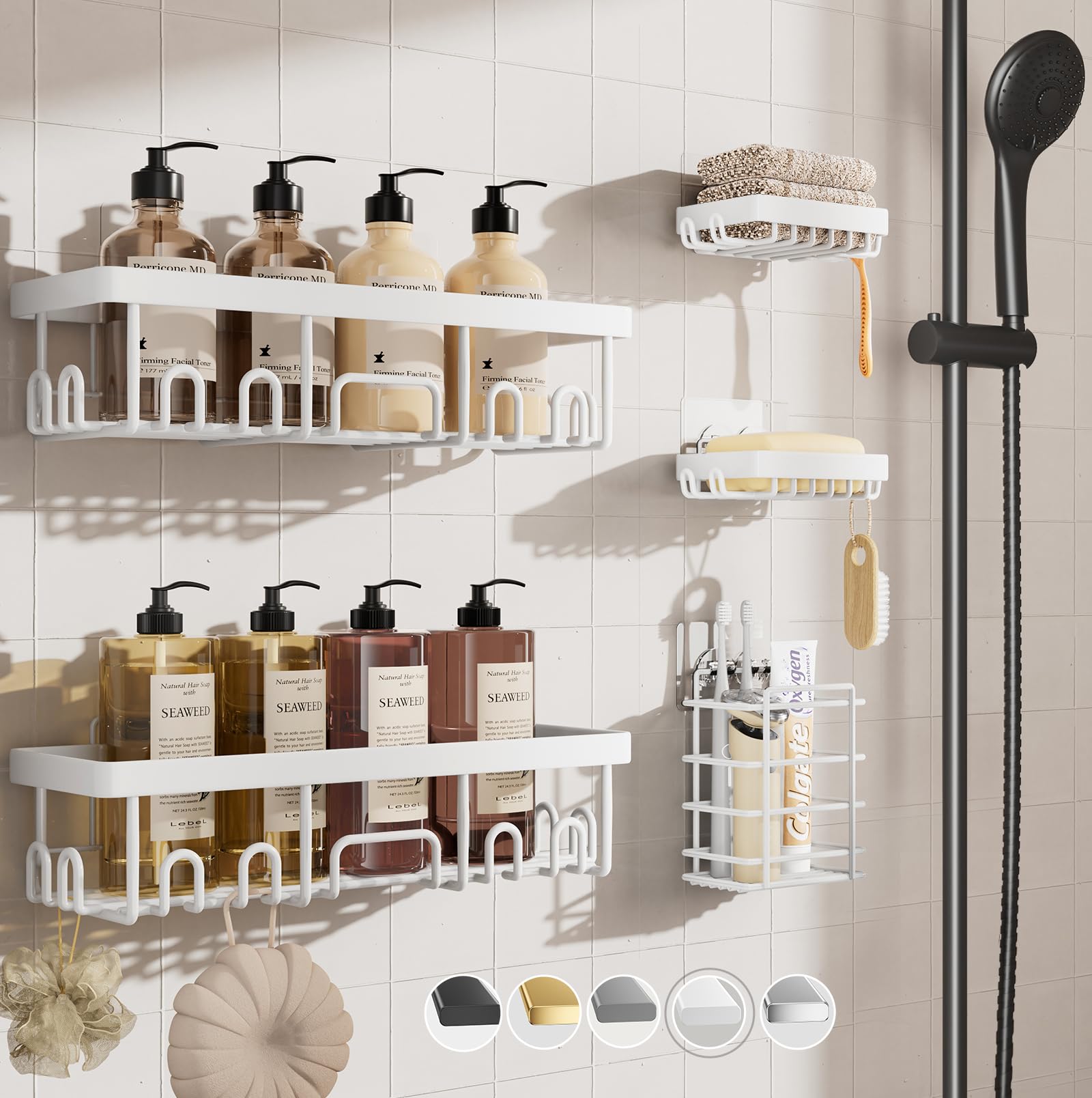 Veken Shower Caddy 6-Pack, Advanced Rustproof Design, No Drilling Adhesive Shelves, Rack with Soap Holder, Large Capacity Bathroom Organizers and Storage, Wall-Mounted Kitchen & Home Decor