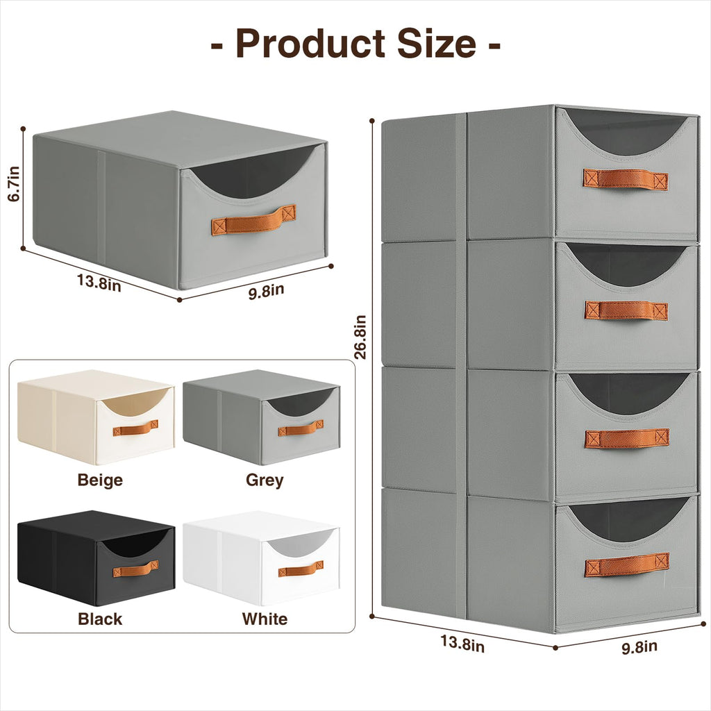 Homsorout Stackable Storage Drawers - Collapsible Storage Bins with Drawers, 4 Pack Closet Shelf Organizer Basket, Fabric Pull Out Organizer for Bedroom, Living Room, Dorm, Beige