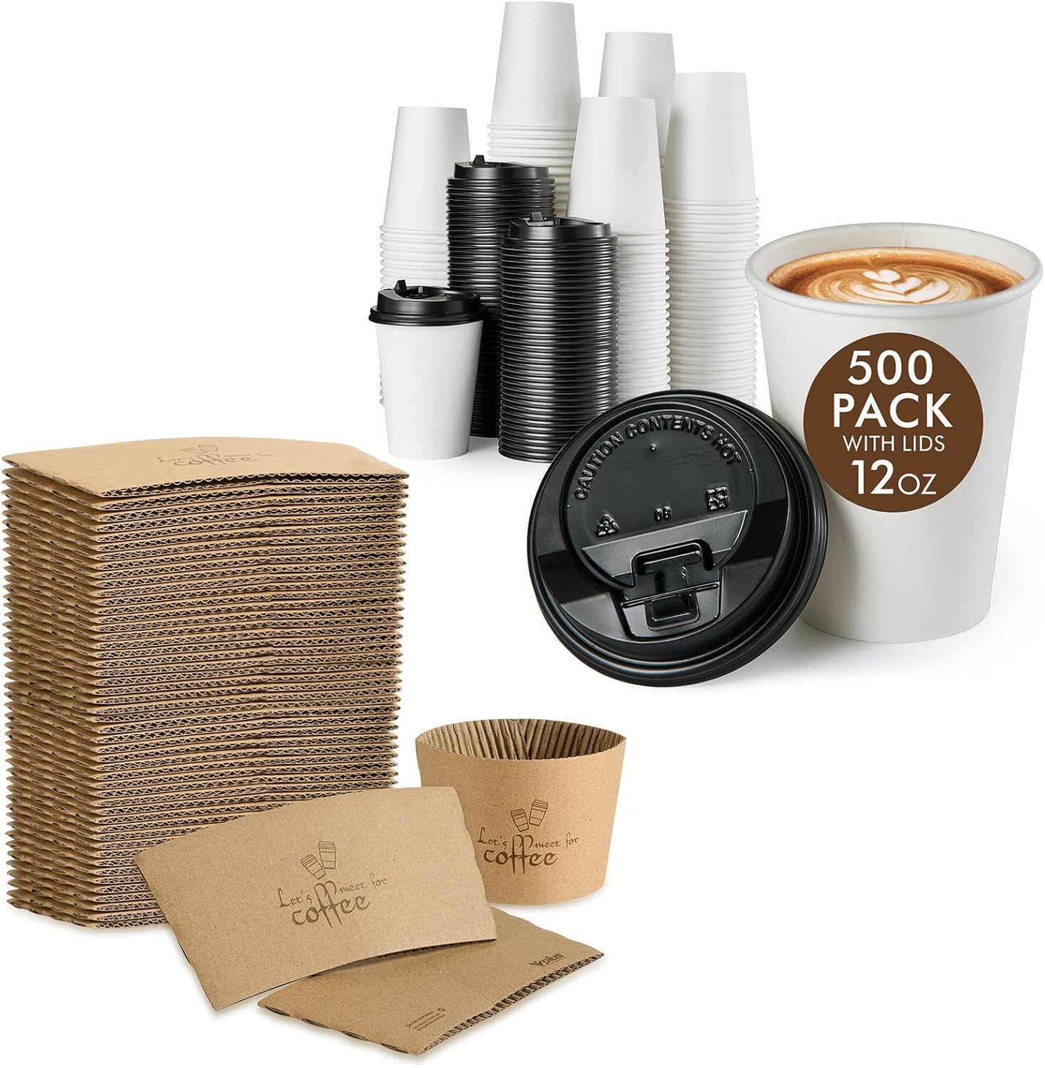 Vplus 500 Pack 12 OZ Paper Coffee Cups and 200 Pack Coffee Sleeves