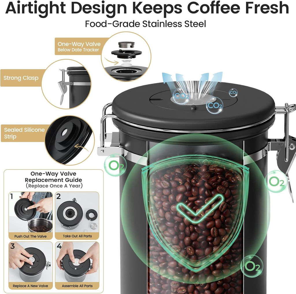 Veken Coffee Canister with Window,Airtight Stainless Steel Kitchen Food Storage Container, Date Tracker & Scoop for Grounds Coffee, Beans, Tea,Flour,Cereal,Sugar,22OZ,Copper