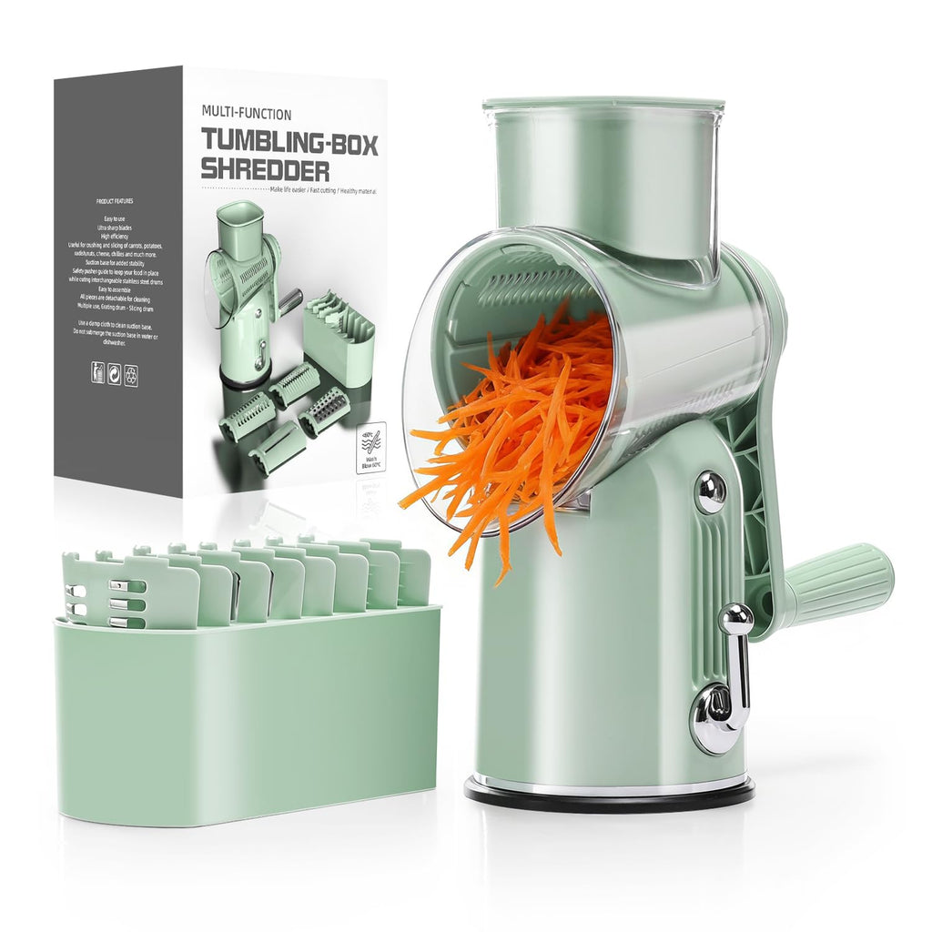 KEOUKE Rotary Cheese Grater 5 in 1 Green - Hand Crank Vegetable Cutter, Shredder, Slicer, Enlarge Input, Suction Base, Labor-Saving Handle, Blade Storage Box, for Onion, Potato, Vegetable, Nuts, etc