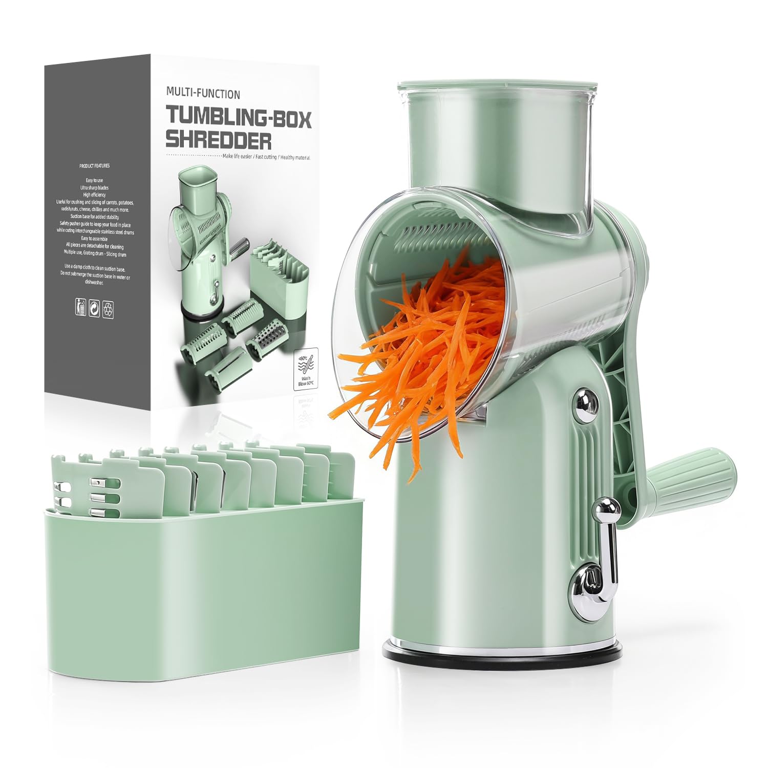 KEOUKE Rotary Cheese Grater 5 in 1 Green - Hand Crank Vegetable Cutter, Shredder, Slicer, Enlarge Input, Suction Base, Labor-Saving Handle, Blade Storage Box, for Onion, Potato, Vegetable, Nuts, etc