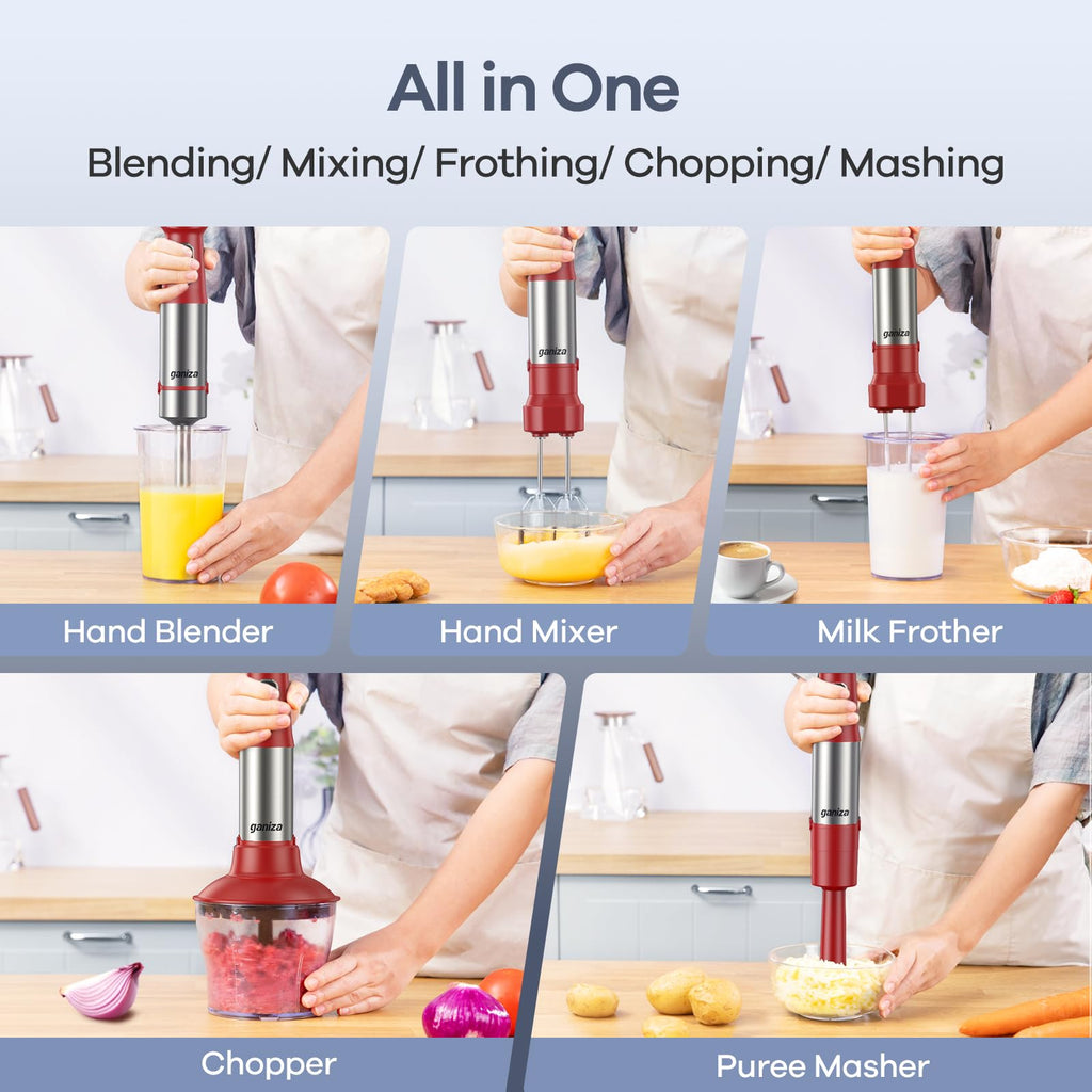 Ganiza Immersion Blender Handheld, 6 in 1 Hand Blender Stainless Steel Blade, 15 Speed Stick Blenders Electric, 800ml Mixing Beaker, 600ml Chopper, Whisk, Frother, Potato Masher