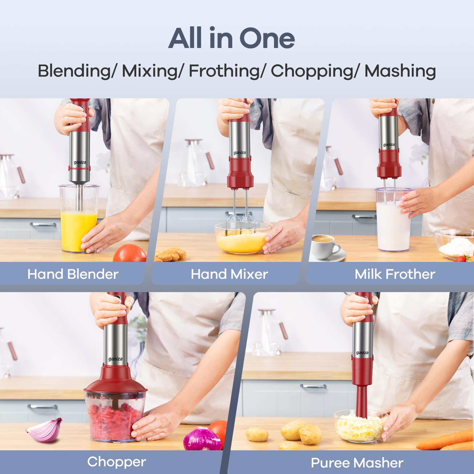 Ganiza Immersion Blender Handheld, 6 in 1 Hand Blender Stainless Steel Blade, 15 Speed Stick Blenders Electric, 800ml Mixing Beaker, 600ml Chopper, Whisk, Frother, Potato Masher