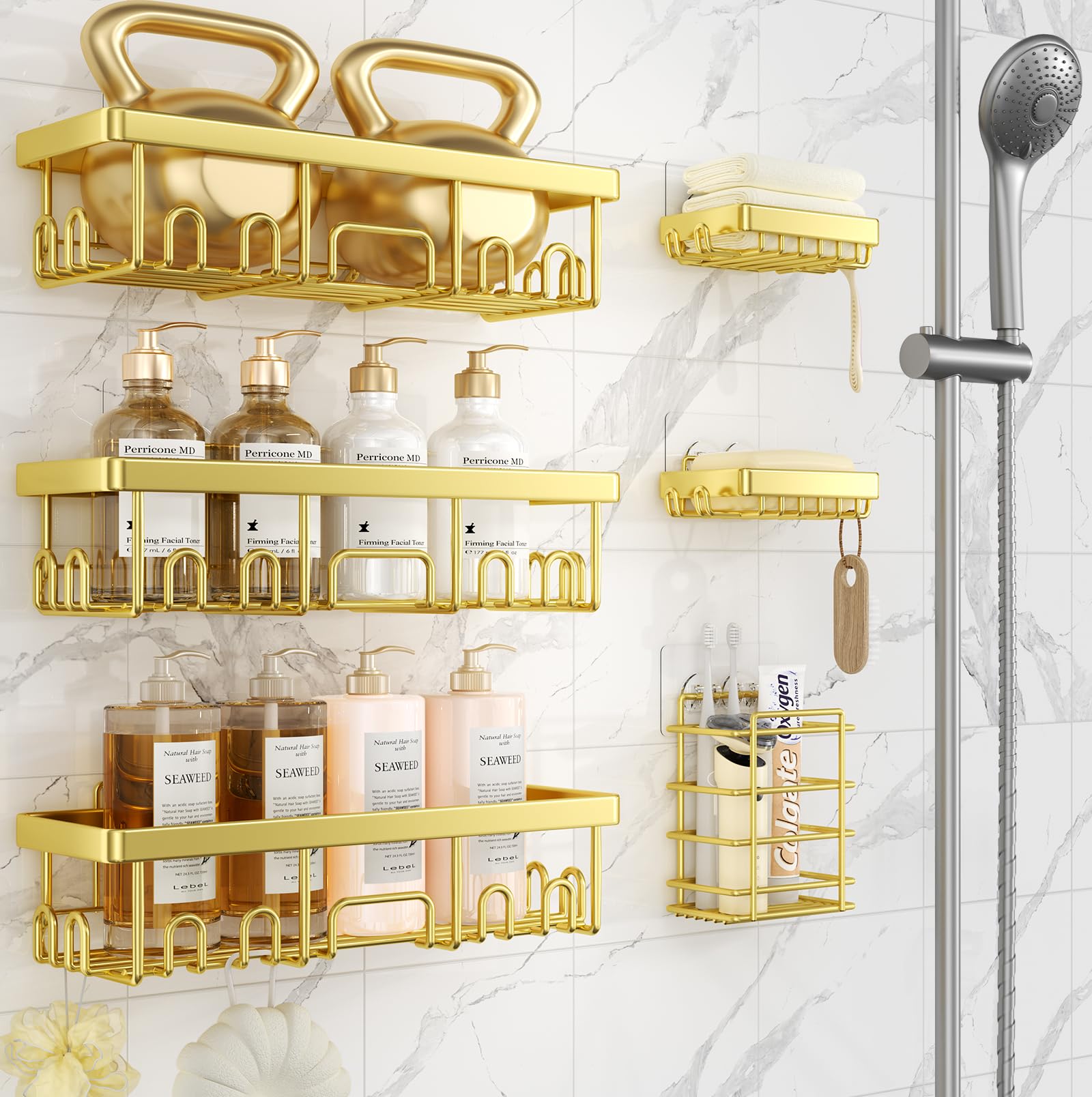 Veken Shower Caddy 6-Pack, Advanced Rustproof Design, No Drilling Adhesive Shelves, Rack with Soap Holder, Large Capacity Bathroom Organizers and Storage, Wall-Mounted Kitchen & Home Decor