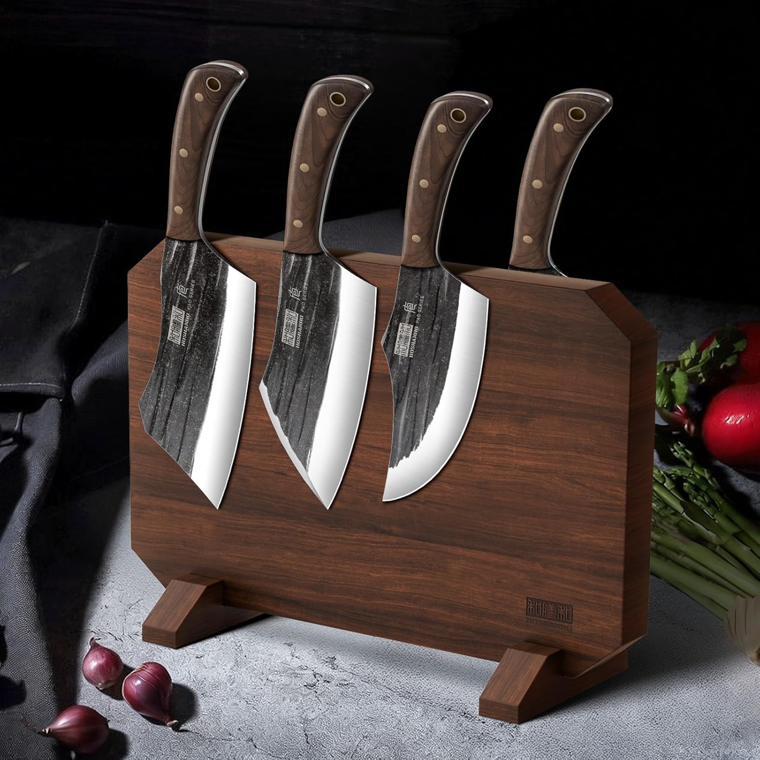 HOSHANHO 8 Pieces Butcher Kitchen Knife Set, Hand Forged High Carbon Stainless Steel Magnetic Knife Block Set, Ultra Sharp Chef Knives Set with Meat Cleaver Knife & Bone Chopper Knives Gift for Men