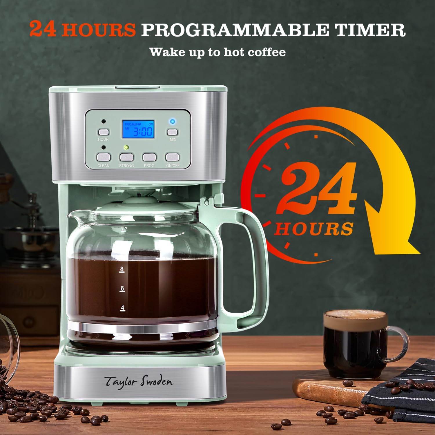 Taylor Swoden 12-Cup Programmable Coffee Maker, Regular & Strong Brew Drip Coffee Machine for Home and Office, Glass Carafe, Pause & Serve, Auto Shut Off, Black & Stainless Steel