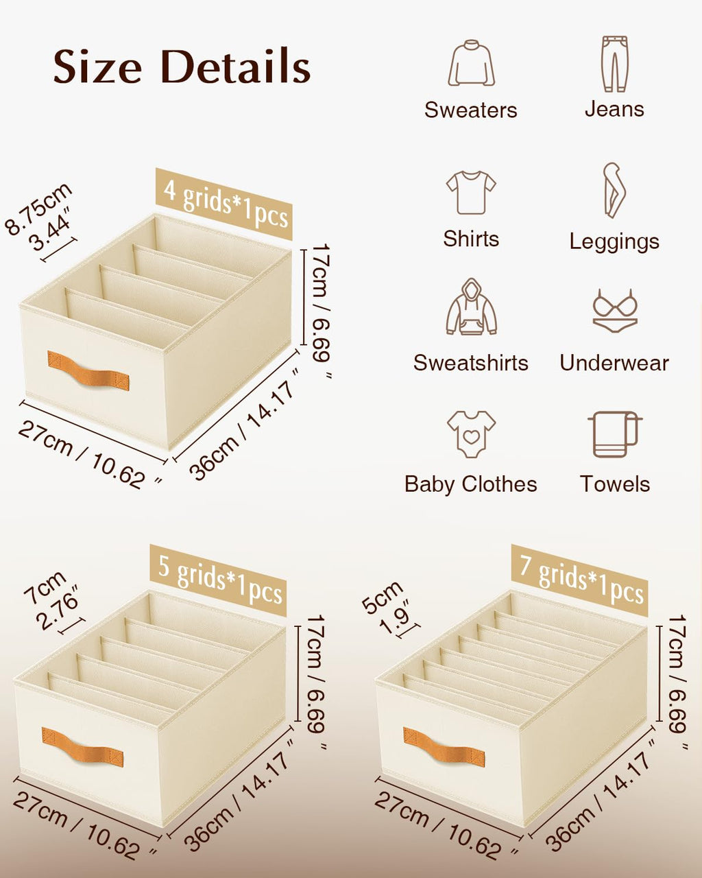 Homsorout Clothes Organizers and Storage - 4/5/7 Grids Fabric Jeans Organizer with Handles, Foldable Closet Organizers Dividers, Wardrobe organizer for Pant, Sweater, T-shirt, Scarf, 6 Pack, Beige