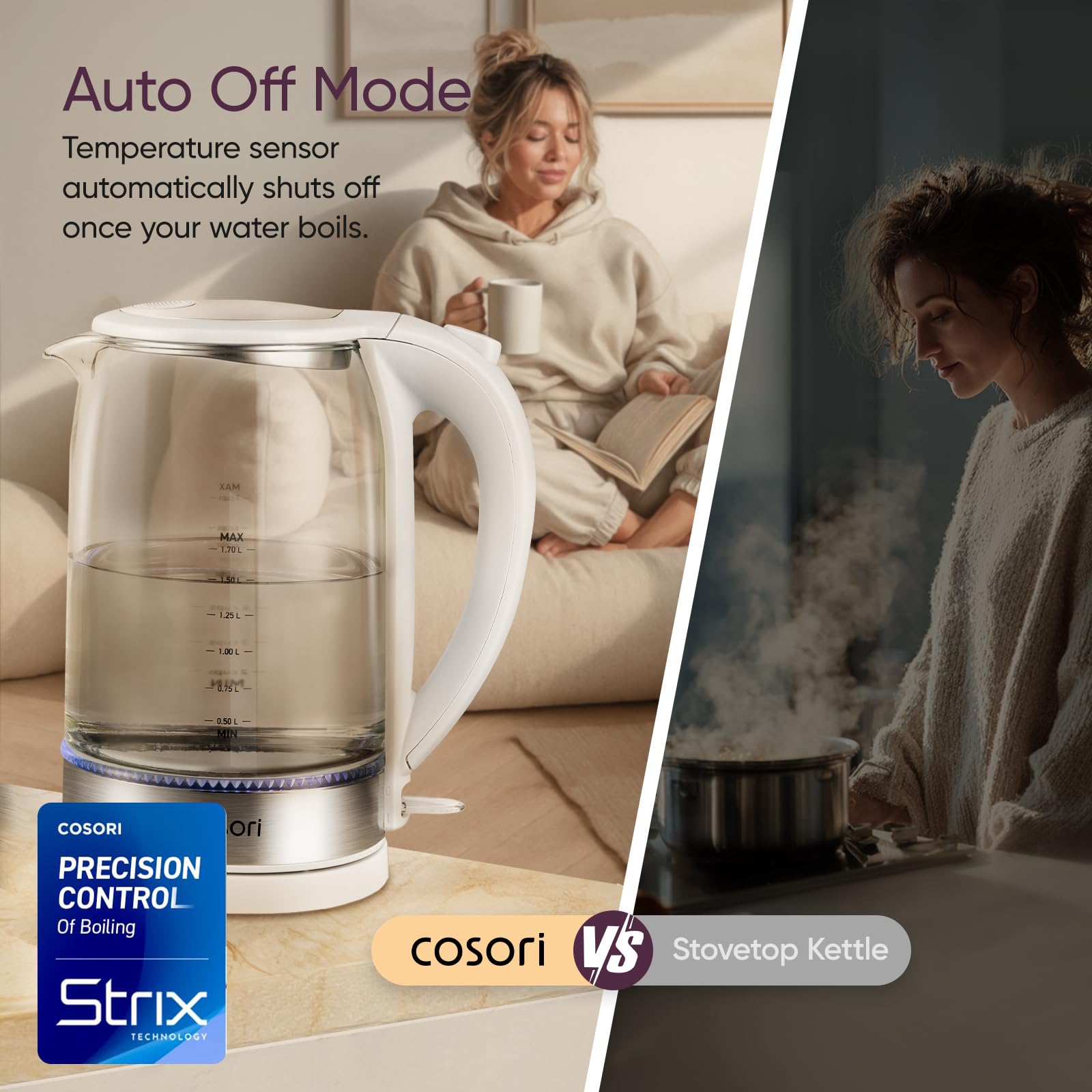 Cosori Electric Kettle, No Plastic Contact With Water, Wide Mouth For Easy Cleaning, Auto Shut Off, 1.7L Tea Kettle & Hot Water Boiler, Water Heater & Teapot, Borosilicate Glass, Black, 1500W