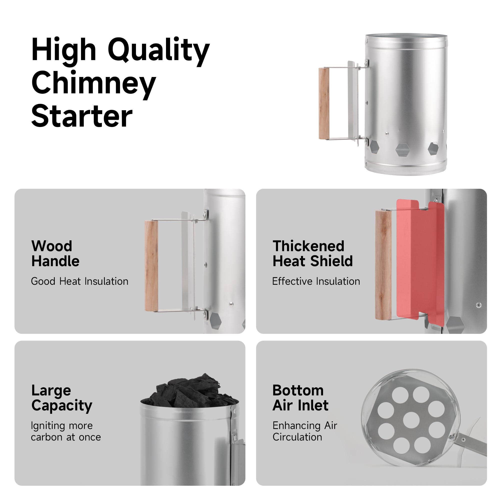 WILLBBQ Charcoal Chimney Starter Great for Fireplace, BBQ, Fire Pits, Barbecues, Chimineas, Campfires, Pizza Ovens - Zinc Steel BBQ Kit, 20 Starters, Heat Resistant Gloves Blower (Bright Black)