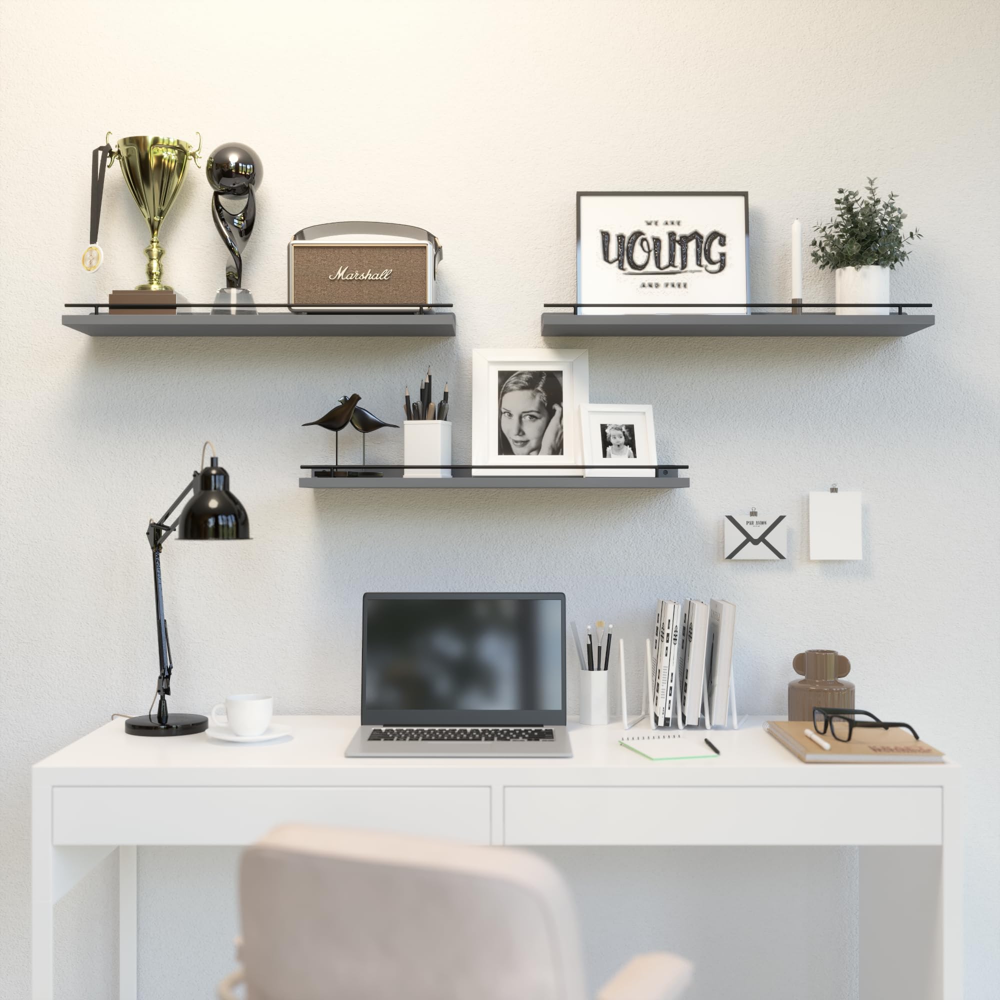 WOPITUES Floating Shelves with Black Metal Guardrail, Shelves for Wall Decor Set of 3, Wall Shelves for Bedroom, Bathroom, Kitchen, Living Room, Plants, Picture Frames, Art- Black