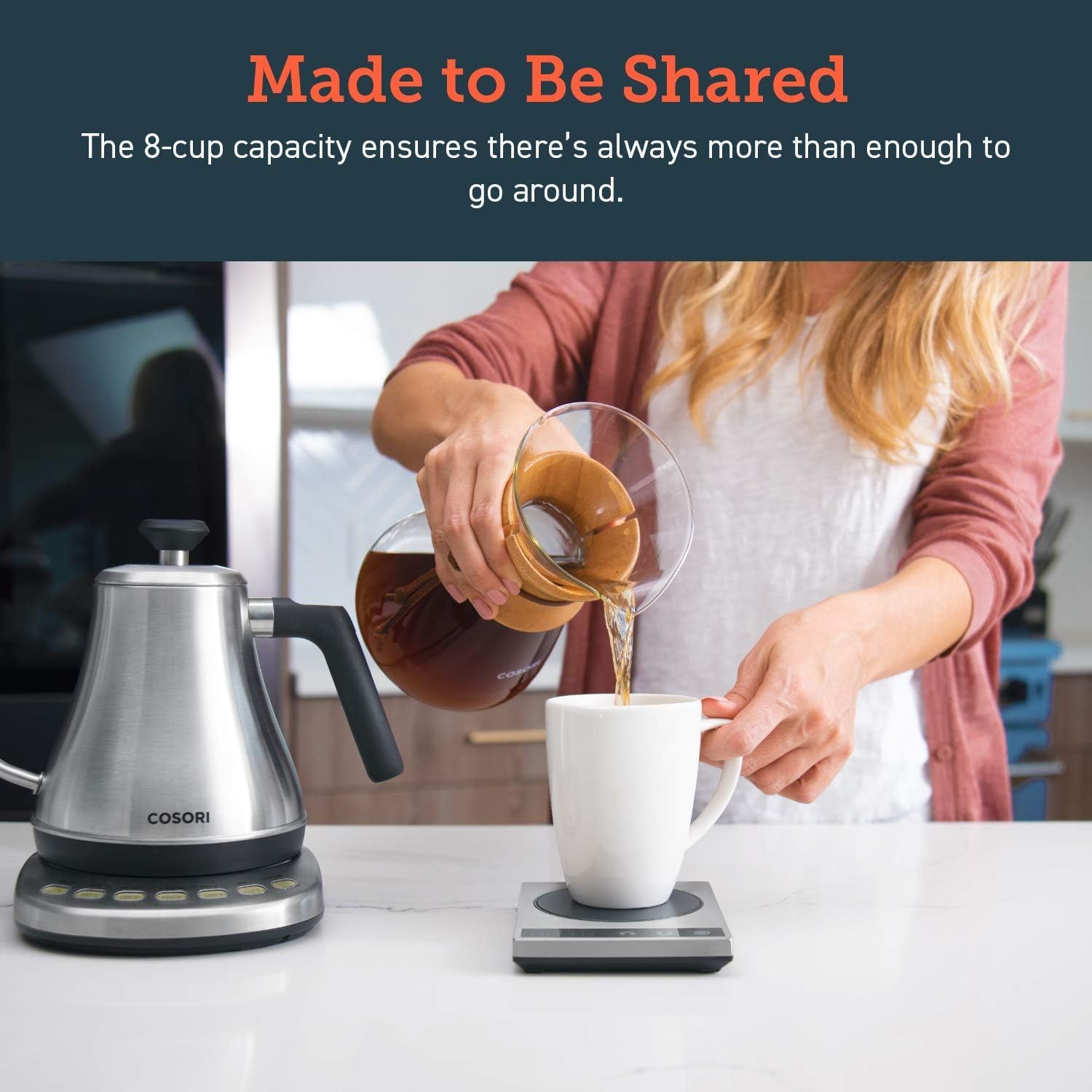 Cosori Pour Over Coffee Maker with Double Layer Stainless Steel Filter, 8-Cup, 34oz, Drip Coffee Maker, Coffee Dripper Brewer, High Heat Resistant Carafe, also for Camping, Hiking