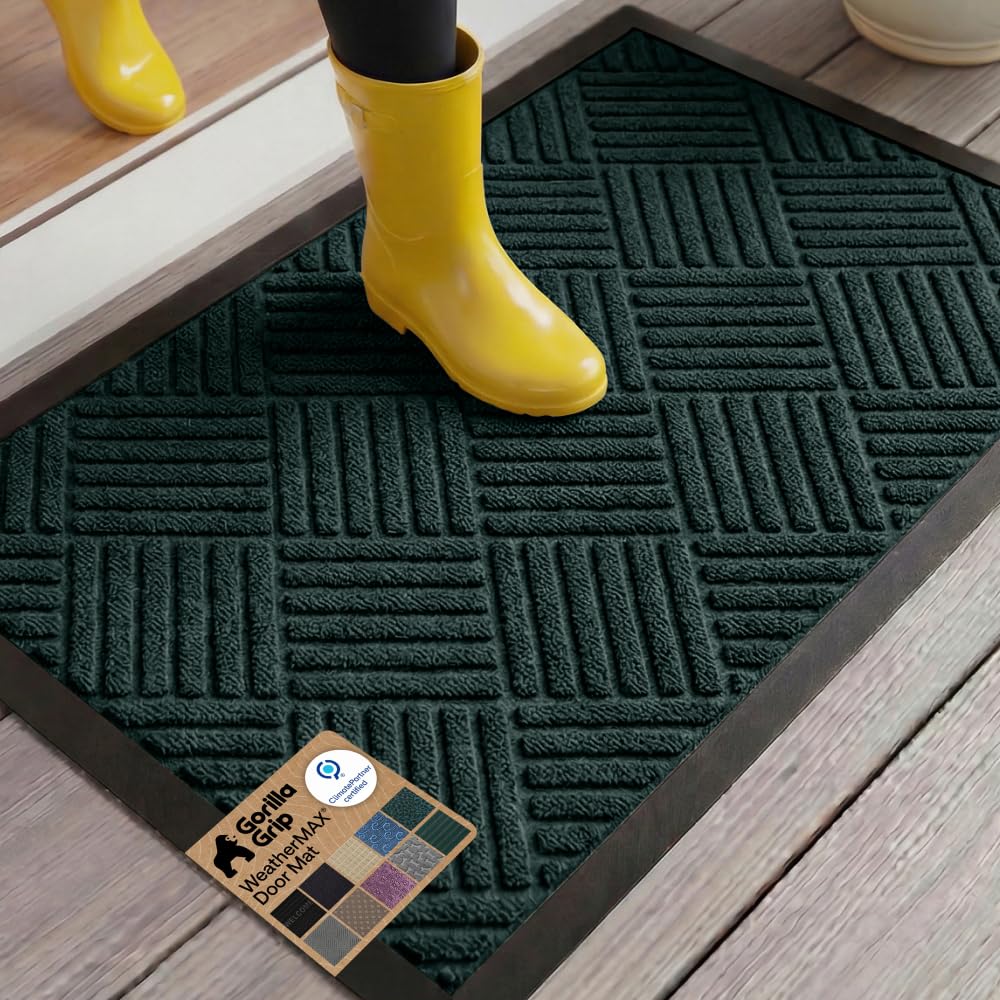 GORILLA GRIP 100% Waterproof All-Season WeatherMAX Doormat US Designed Natural Rubber, Stain Fade Resistant, Low Profile Indoor Outdoor Front Door Mats Outside Entrance, Easy Clean 29x17 Gray Diamond