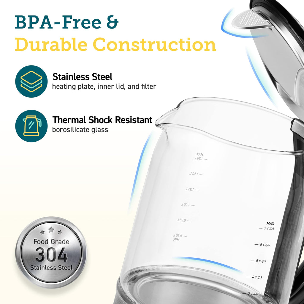 Cosori Electric Kettle, No Plastic Contact With Water, Wide Mouth For Easy Cleaning, Auto Shut Off, 1.7L Tea Kettle & Hot Water Boiler, Water Heater & Teapot, Borosilicate Glass, Black, 1500W