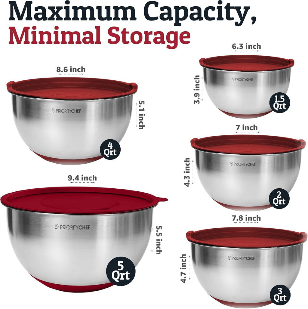 Priority Chef Stainless Steel Mixing Bowls with Lids Set, 3 Grater Attachments, Airtight Lids, Non-Slip Silicone Base Mixing Bowl Set, Large Prep Metal Mixing Bowls for Kitchen, Black