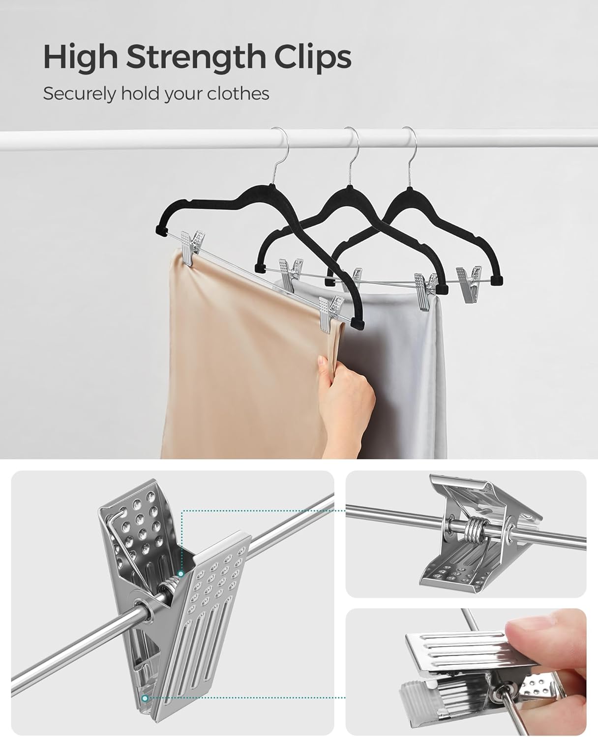SONGMICS 30 Pack Pants Hangers, 16.7 Inches Long Velvet Trousers Hangers with Adjustable Clips, Heavy-Duty, Non-Slip, Space-Saving for Pants, Skirts, Coats, Dresses, Tank Tops, Black UCRF12B30