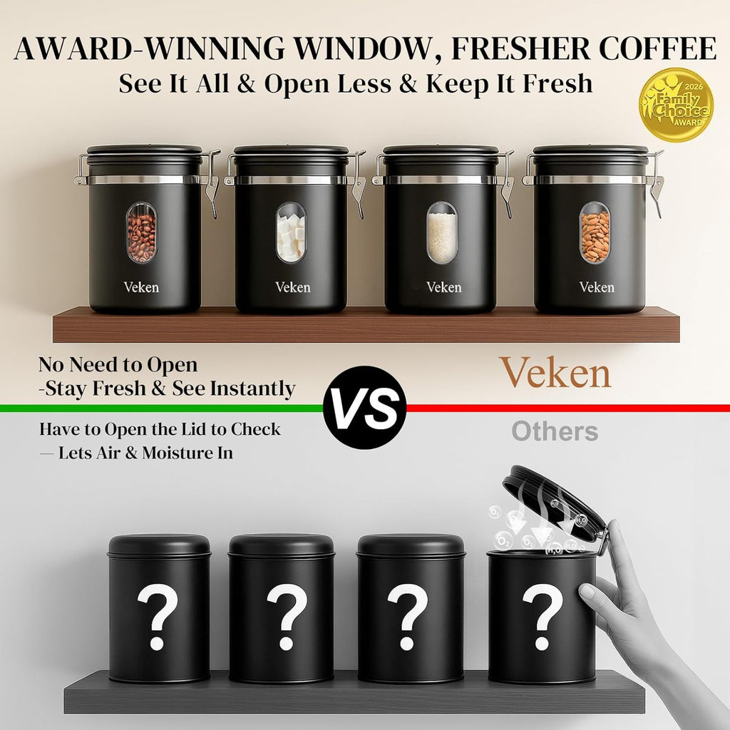 Veken Coffee Canister with Window,Airtight Stainless Steel Kitchen Food Storage Container, Date Tracker & Scoop for Grounds Coffee, Beans, Tea,Flour,Cereal,Sugar,22OZ,Copper