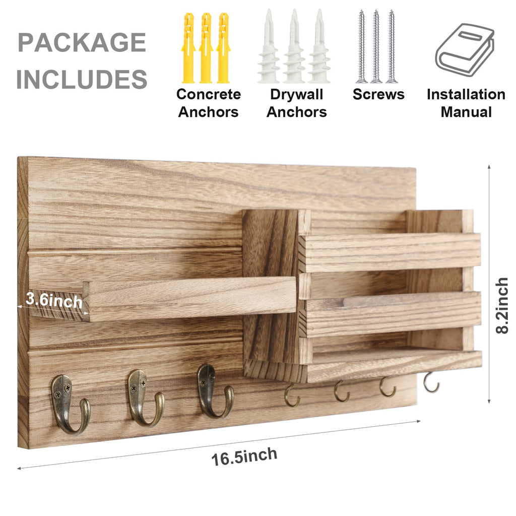 Mail Organizer for Wall Mount – Key Holder with Shelf Includes Letter Holder and Hooks for Coats, Dog Leashes – Rustic Wood with Flush Mounting Hardware (16.5” x 8.7” x 3.5”)