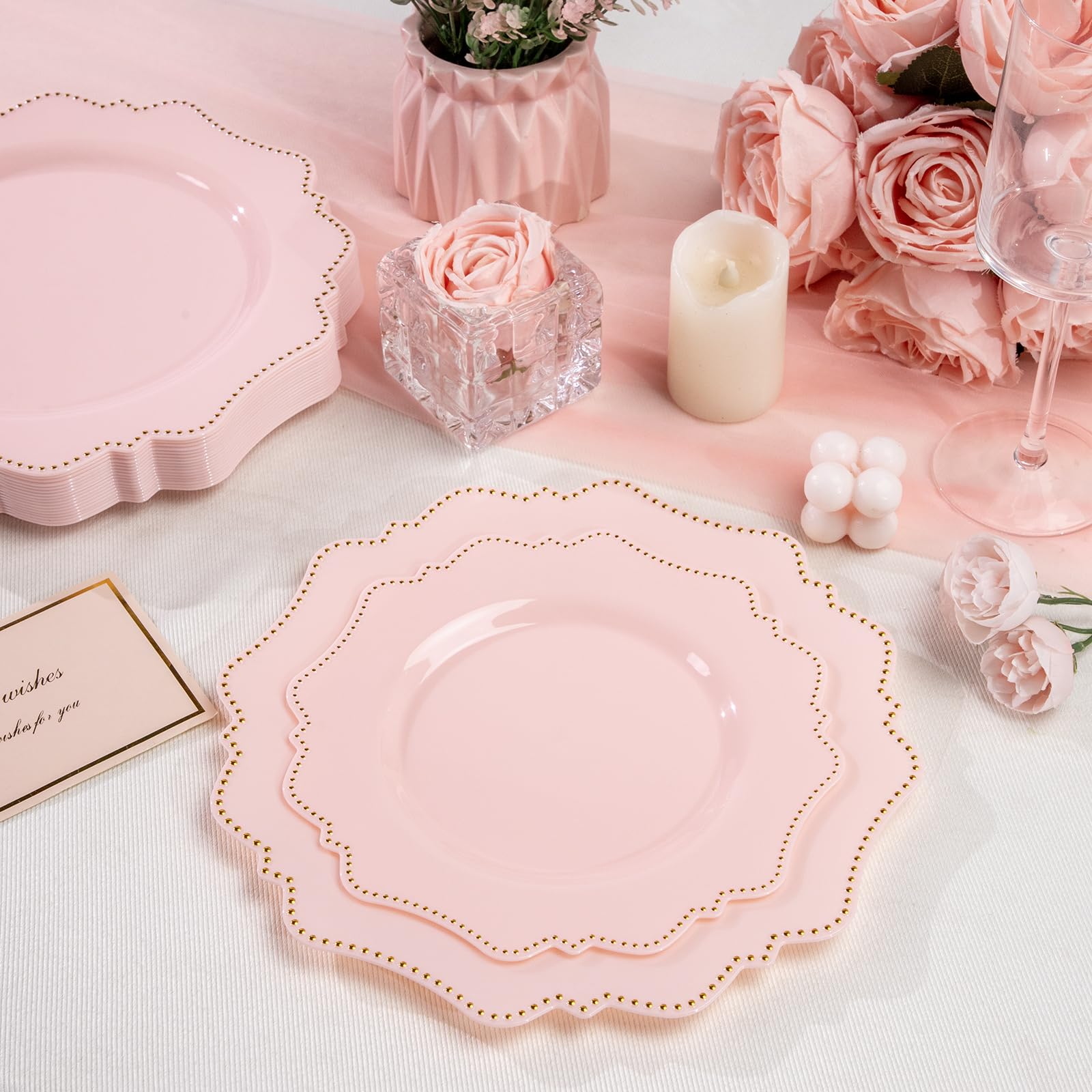 COLOSUS 60PCS White Plastic Plates for 30 guests-Fancy Plastic Beaded Plates,Plastic Plates for Party, Elegant White plates,Include 30 PCS 10.5" Dinner plates & 30PCS 8.25" Dessert plates for easter