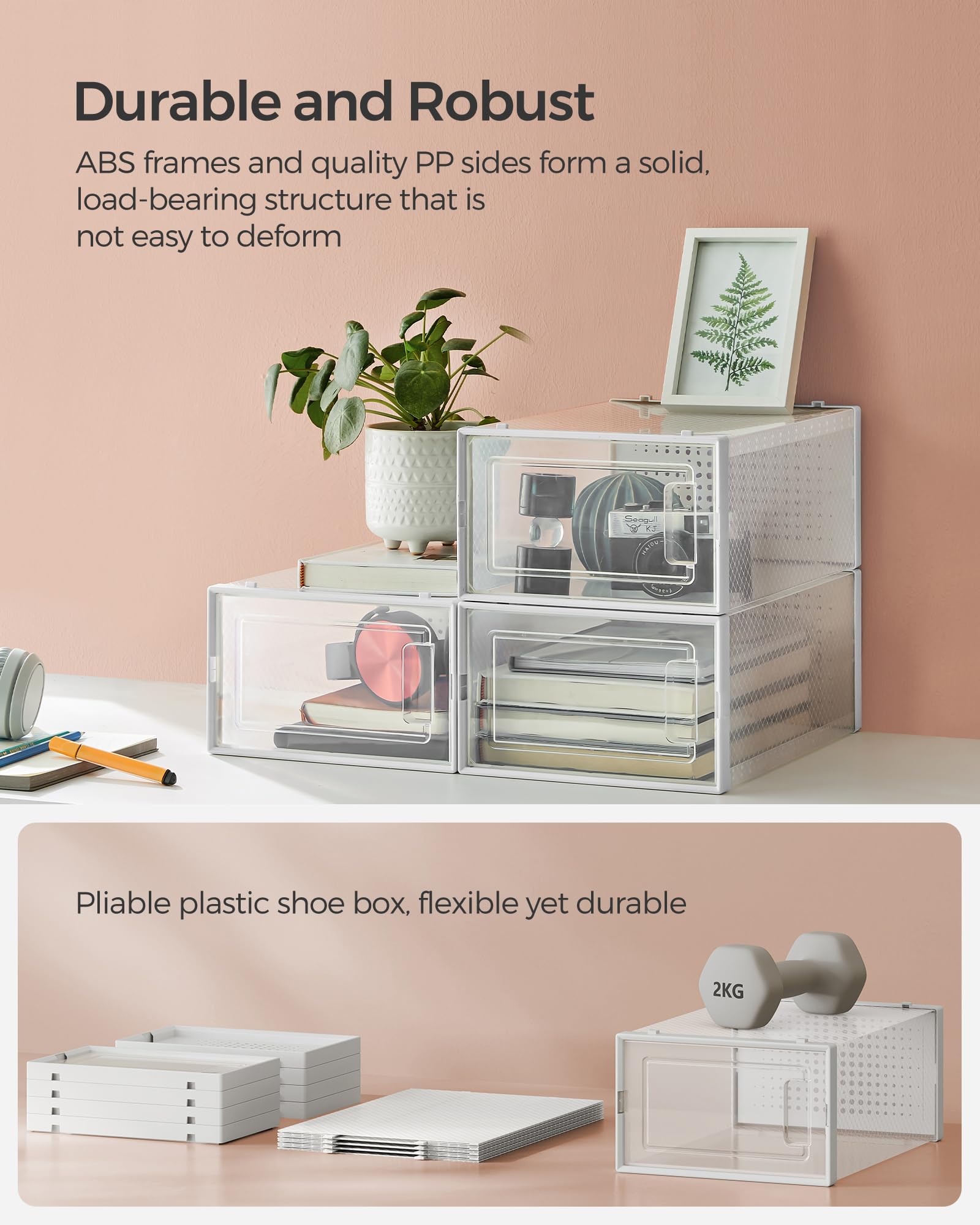 SONGMICS Shoe Boxes, Pack of 12 Shoe Storage Organizers, Stackable Clear Plastic Boxes for Closet, Sneakers, 13.1 x 9.1 x 5.6 Inches, Transparent and White ULSP12SWT